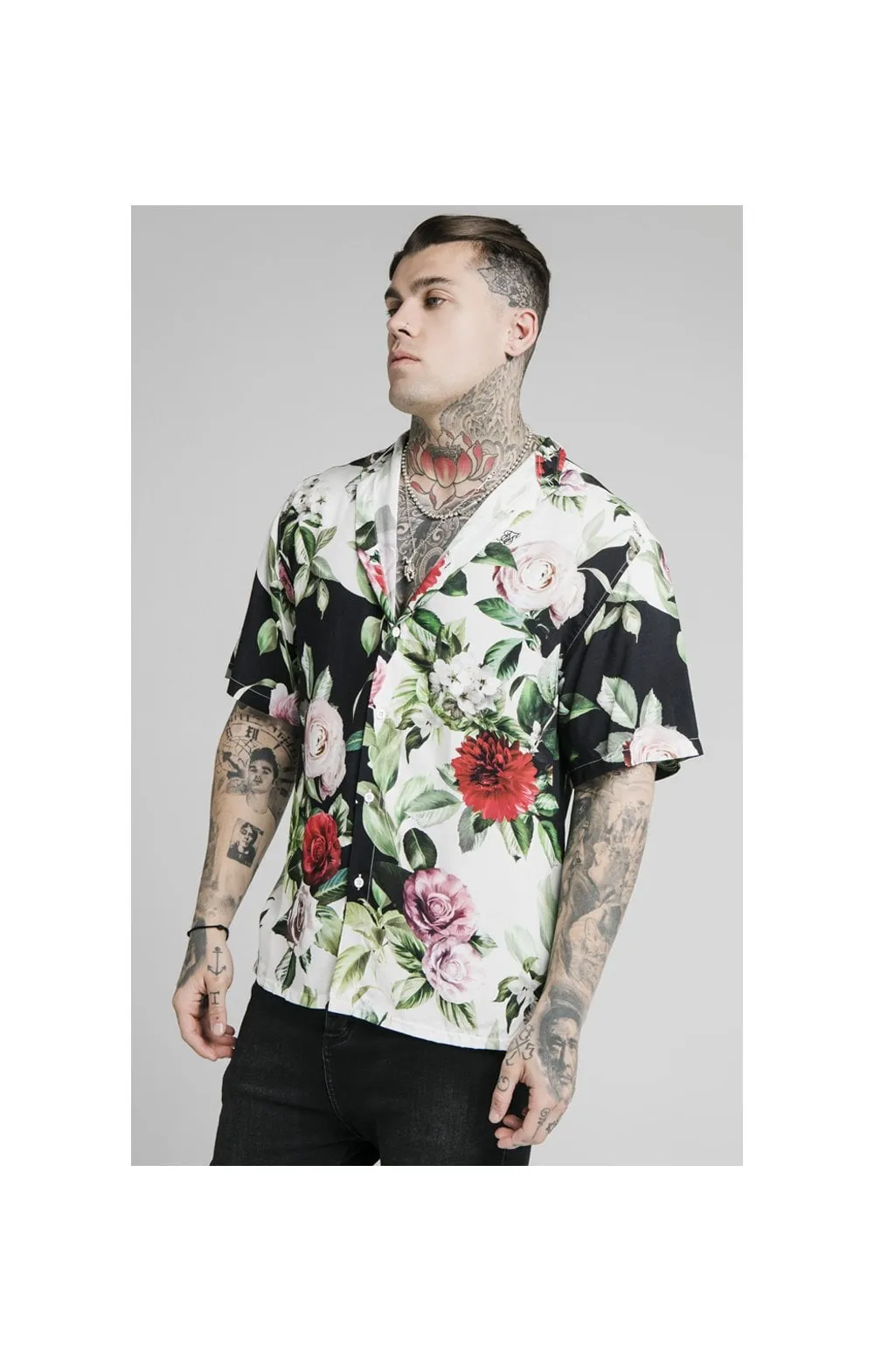 SikSilk Floral Pixel High Collar Resort Shirt - Black & Floral Pixel sold by Siksilk product image thumbnail 3