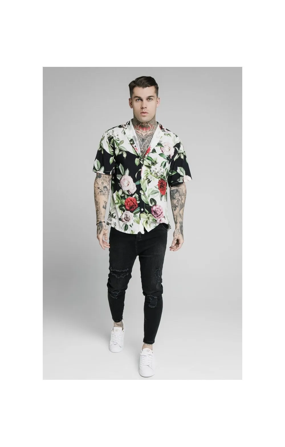 SikSilk Floral Pixel High Collar Resort Shirt - Black & Floral Pixel sold by Siksilk product image thumbnail 4