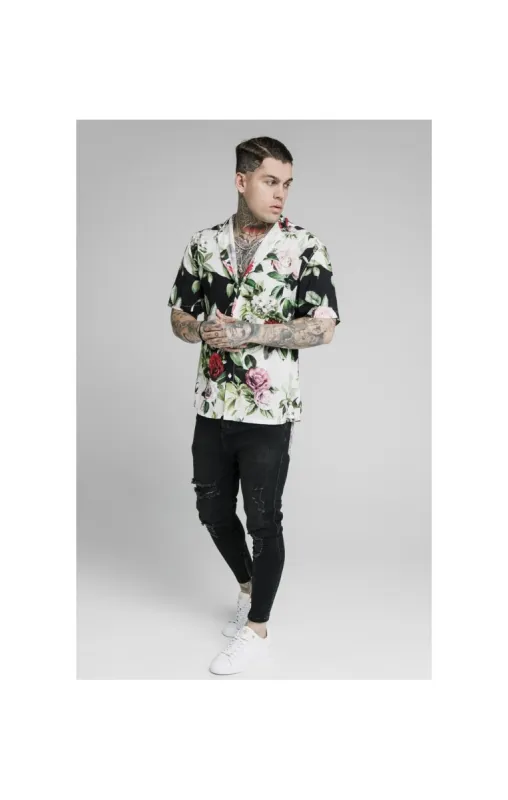 SikSilk Floral Pixel High Collar Resort Shirt - Black & Floral Pixel sold by Siksilk
