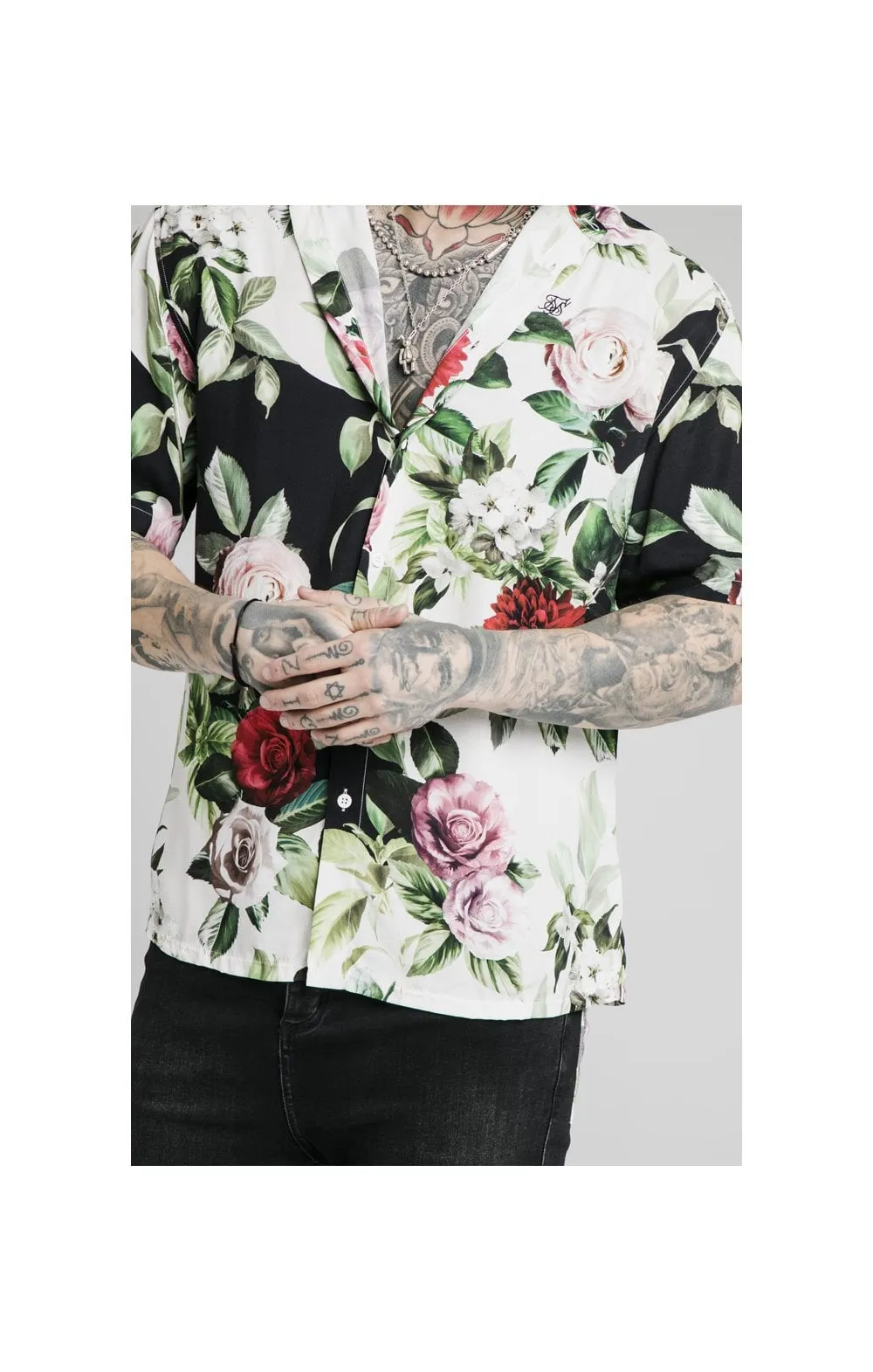 SikSilk Floral Pixel High Collar Resort Shirt - Black & Floral Pixel sold by Siksilk product image thumbnail 2