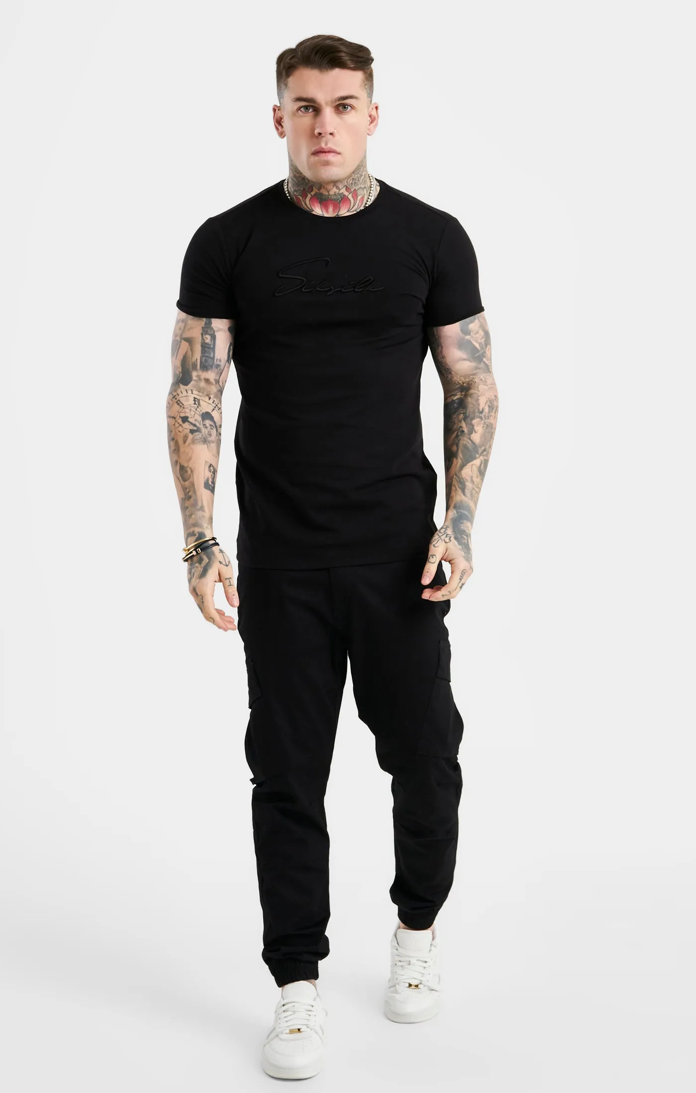 Black Script Embroidery Muscle Fit T-Shirt sold by Siksilk product image thumbnail 3
