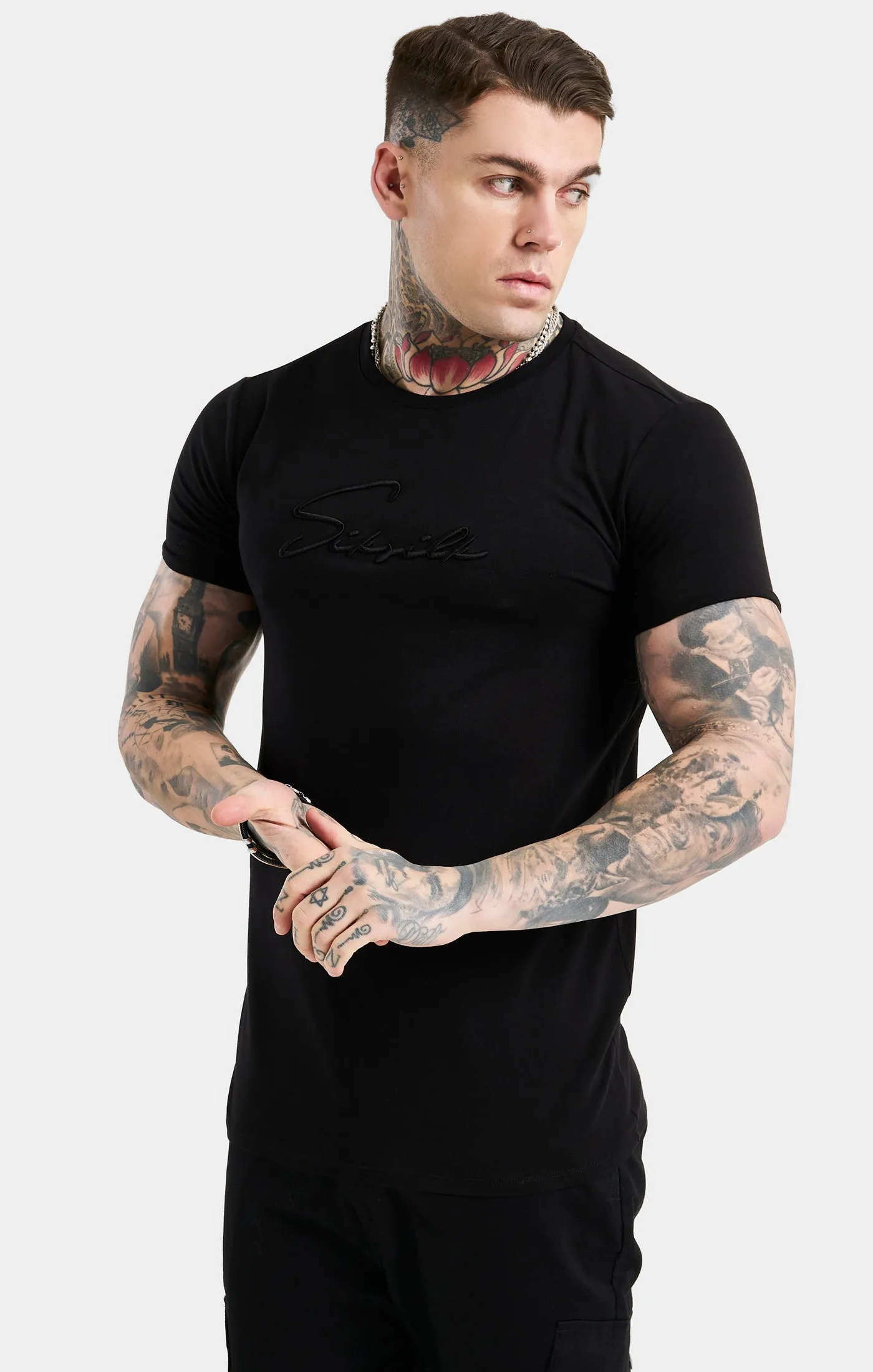 Black Script Embroidery Muscle Fit T-Shirt sold by Siksilk