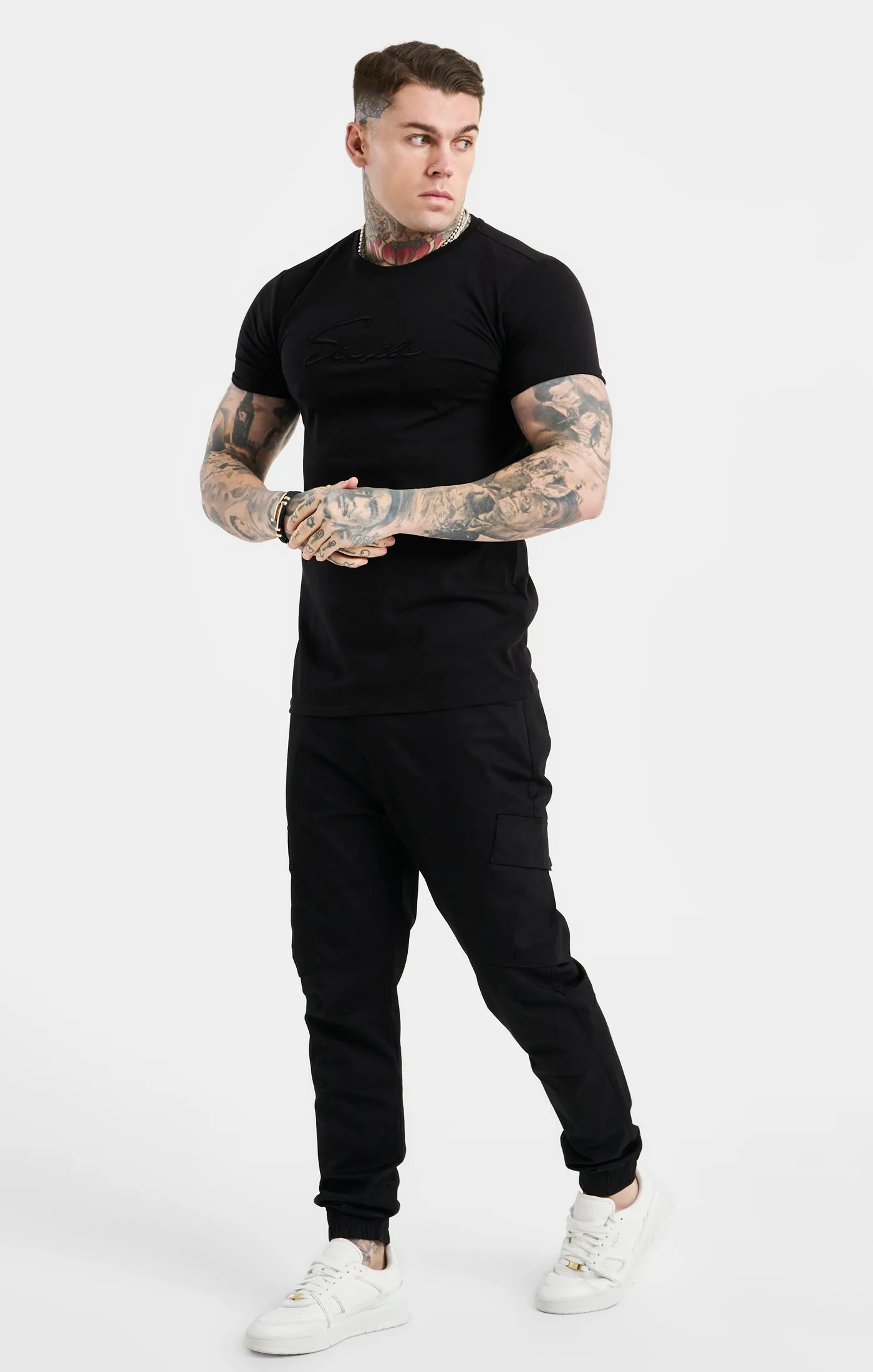 Black Script Embroidery Muscle Fit T-Shirt sold by Siksilk product image thumbnail 4