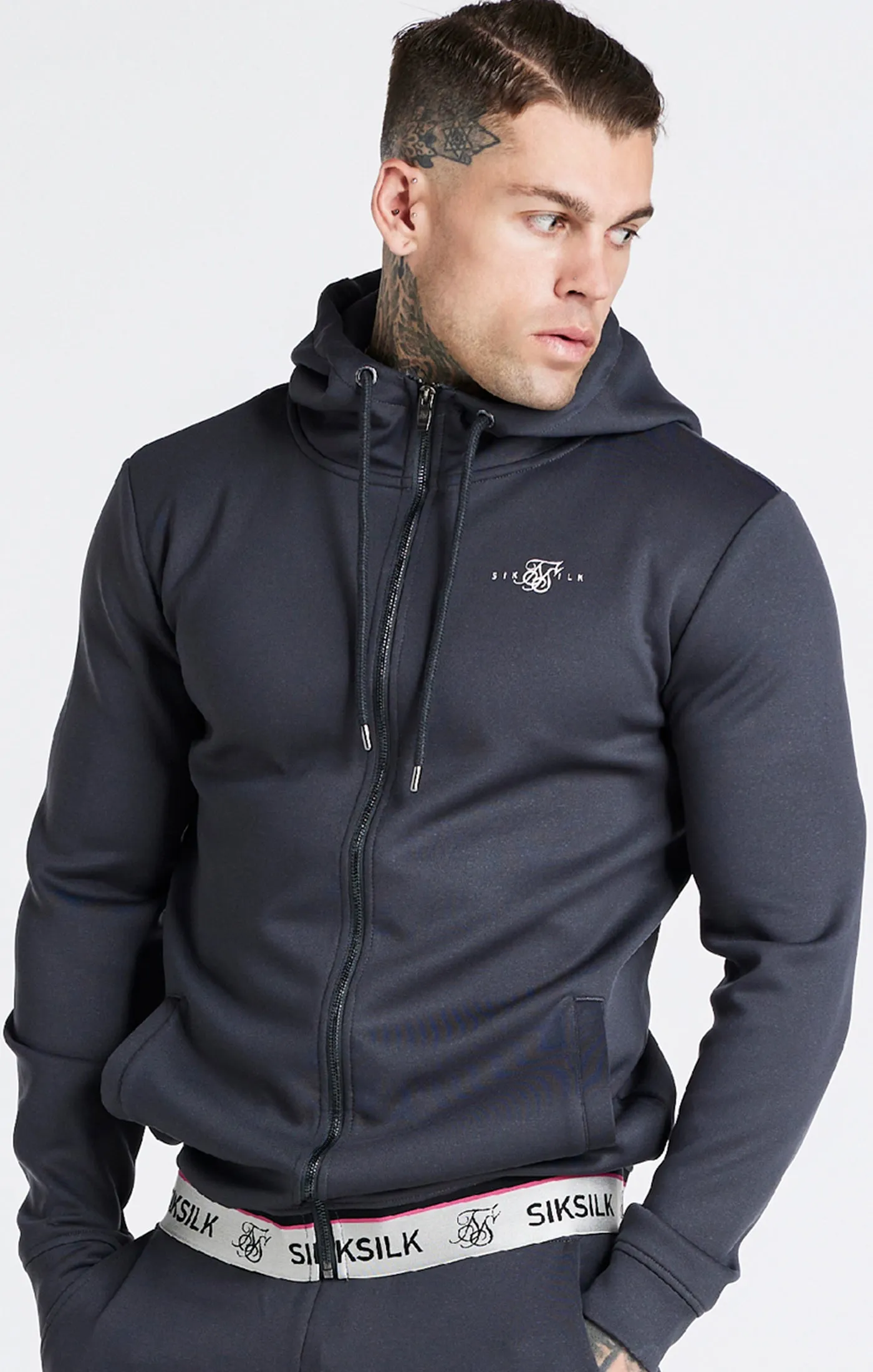 Grey Marl Metallic Tape Zip Through Hoodie sold by Siksilk