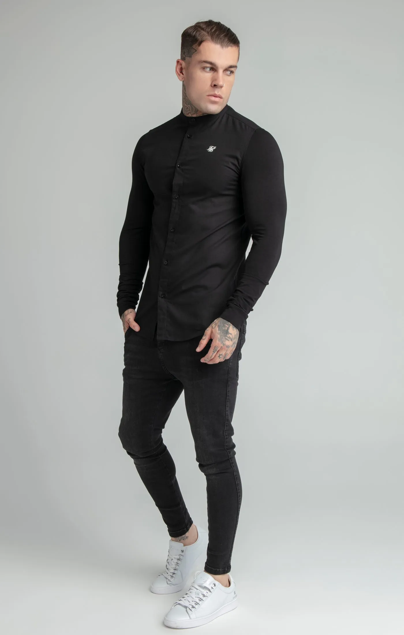 Black Long Sleeve Grandad Collar Shirt sold by Siksilk product image thumbnail 3