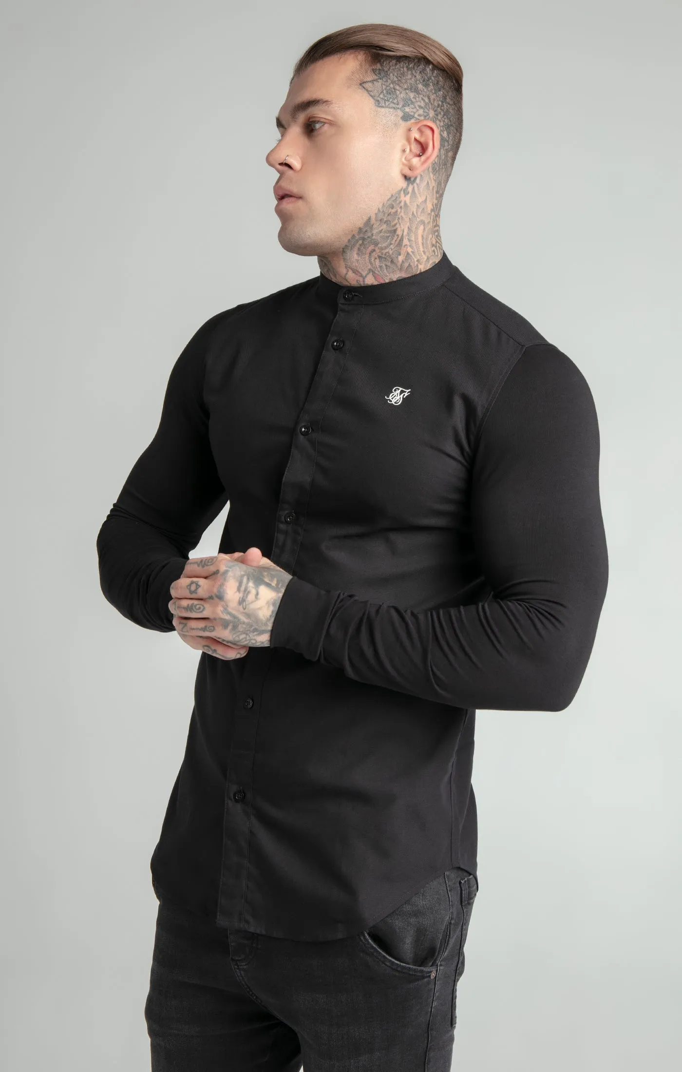 Black Long Sleeve Grandad Collar Shirt sold by Siksilk