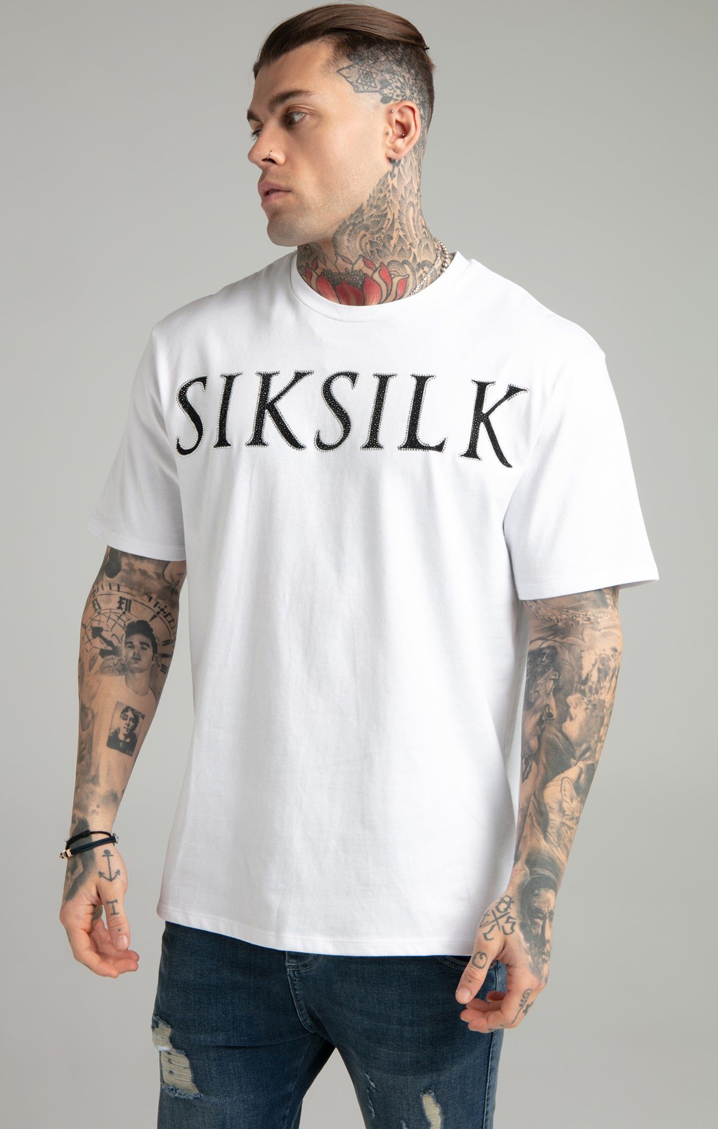 White Rhinestone Oversized T-Shirt sold by Siksilk