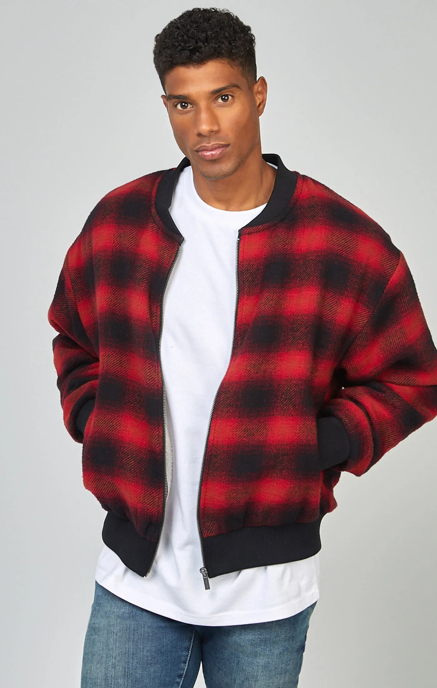 Red Branded Check Bomber Jacket sold by Siksilk