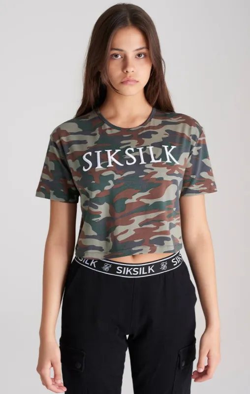 Girls Khaki Camo Cropped T-Shirt sold by Siksilk