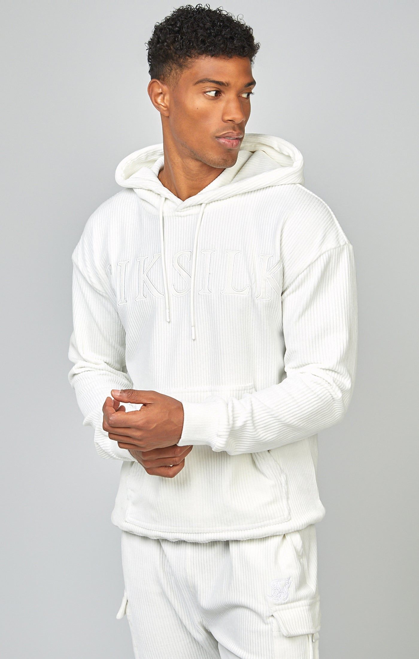 Ecru Corduroy Applique Logo Overhead Hoodie sold by Siksilk product image thumbnail 4