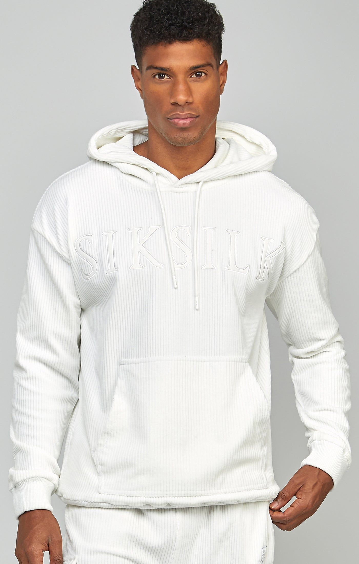 Ecru Corduroy Applique Logo Overhead Hoodie sold by Siksilk