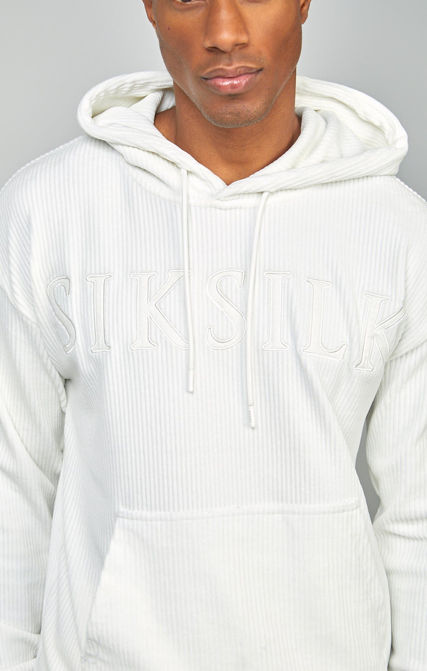 Ecru Corduroy Applique Logo Overhead Hoodie sold by Siksilk product image thumbnail 2