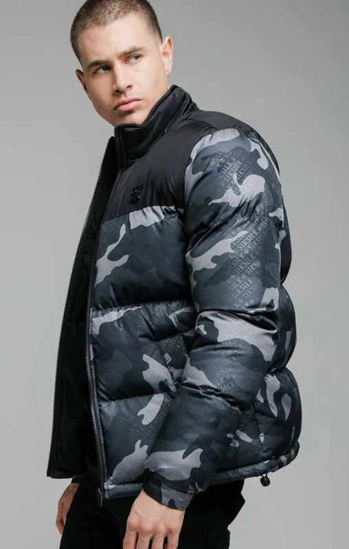 Black Camo Crop Bubble Jacket sold by Siksilk