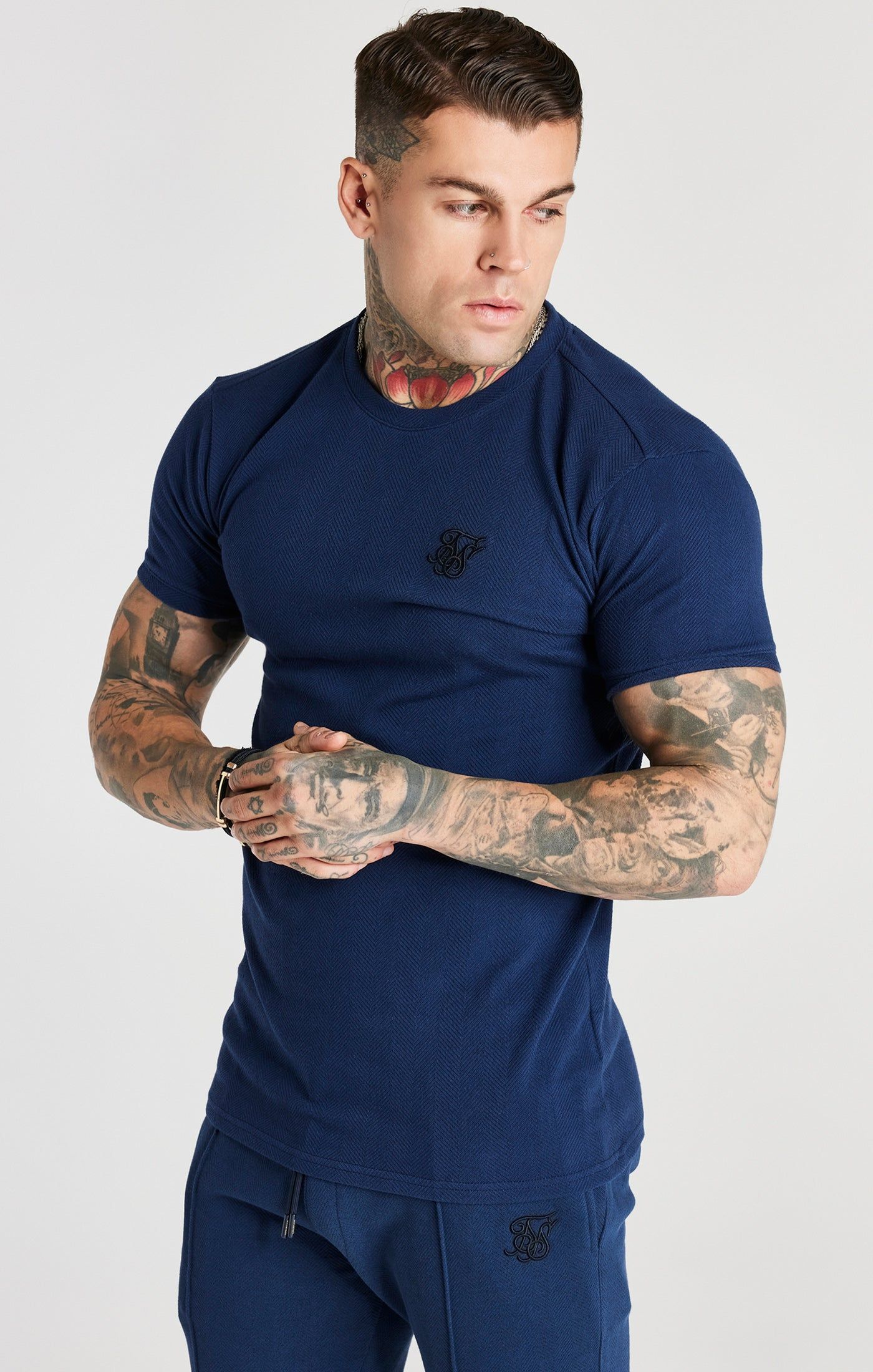 Navy Herringbone Muscle Fit T-Shirt sold by Siksilk product image thumbnail 5