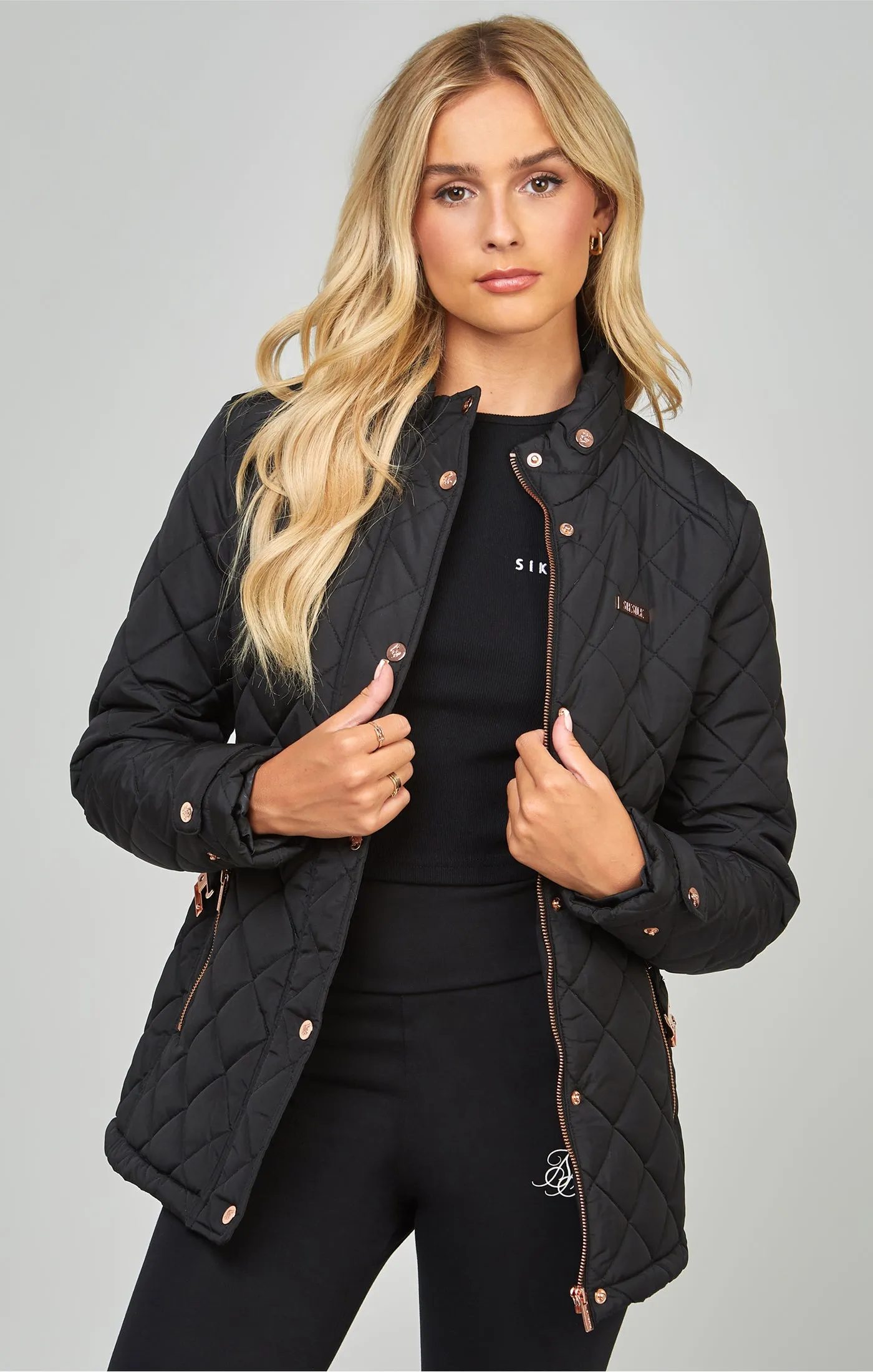 Black Belted Quilted Jacket sold by Siksilk