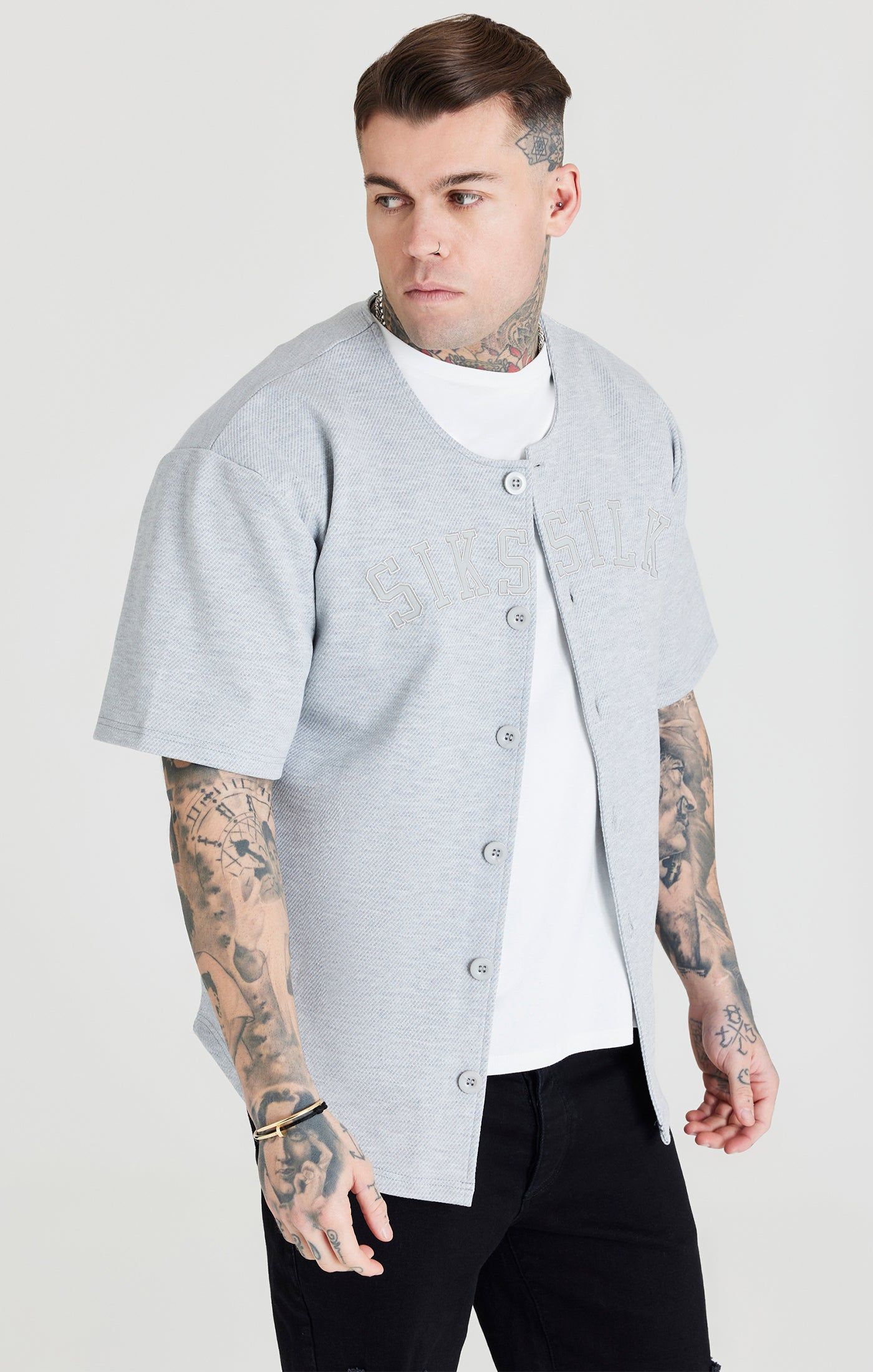 Grey Marl Applique Logo Baseball Jersey sold by Siksilk