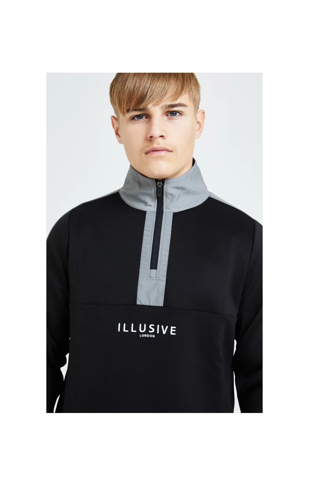Illusive London Hybrid Quarter Zip Through Hoodie - Black & Grey sold by Siksilk