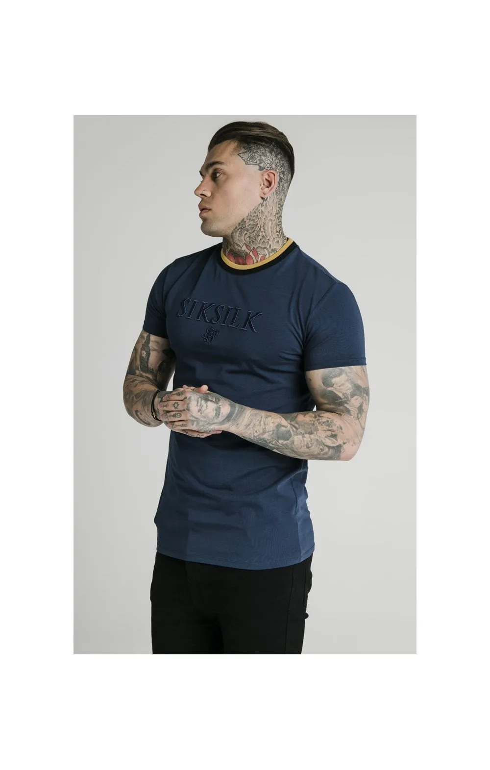 SikSilk Straight Hem Gym Tee - Navy, Gold & Black sold by Siksilk