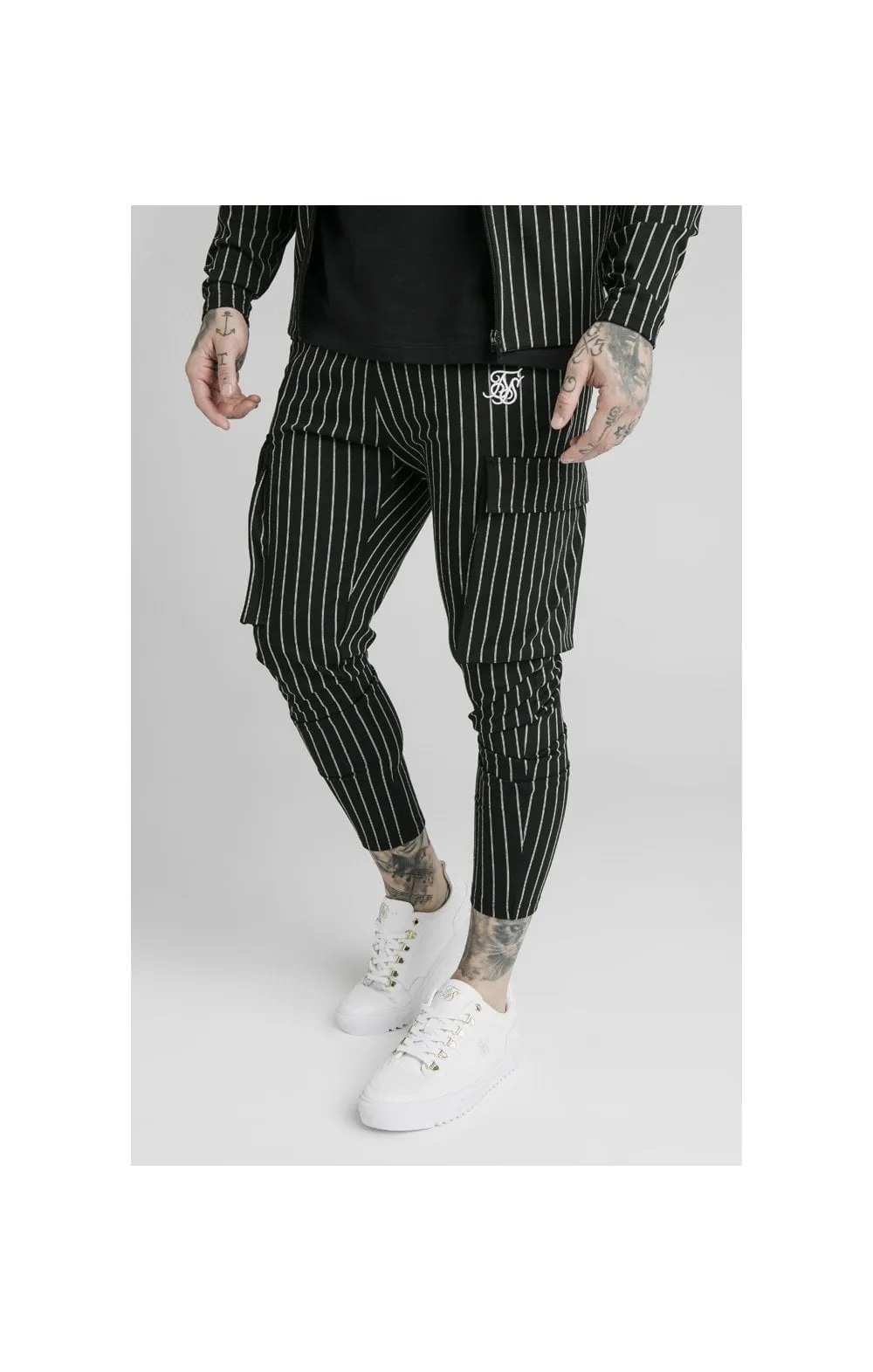 SikSilk Pinstripe Cargo Pants - Black & White sold by Siksilk