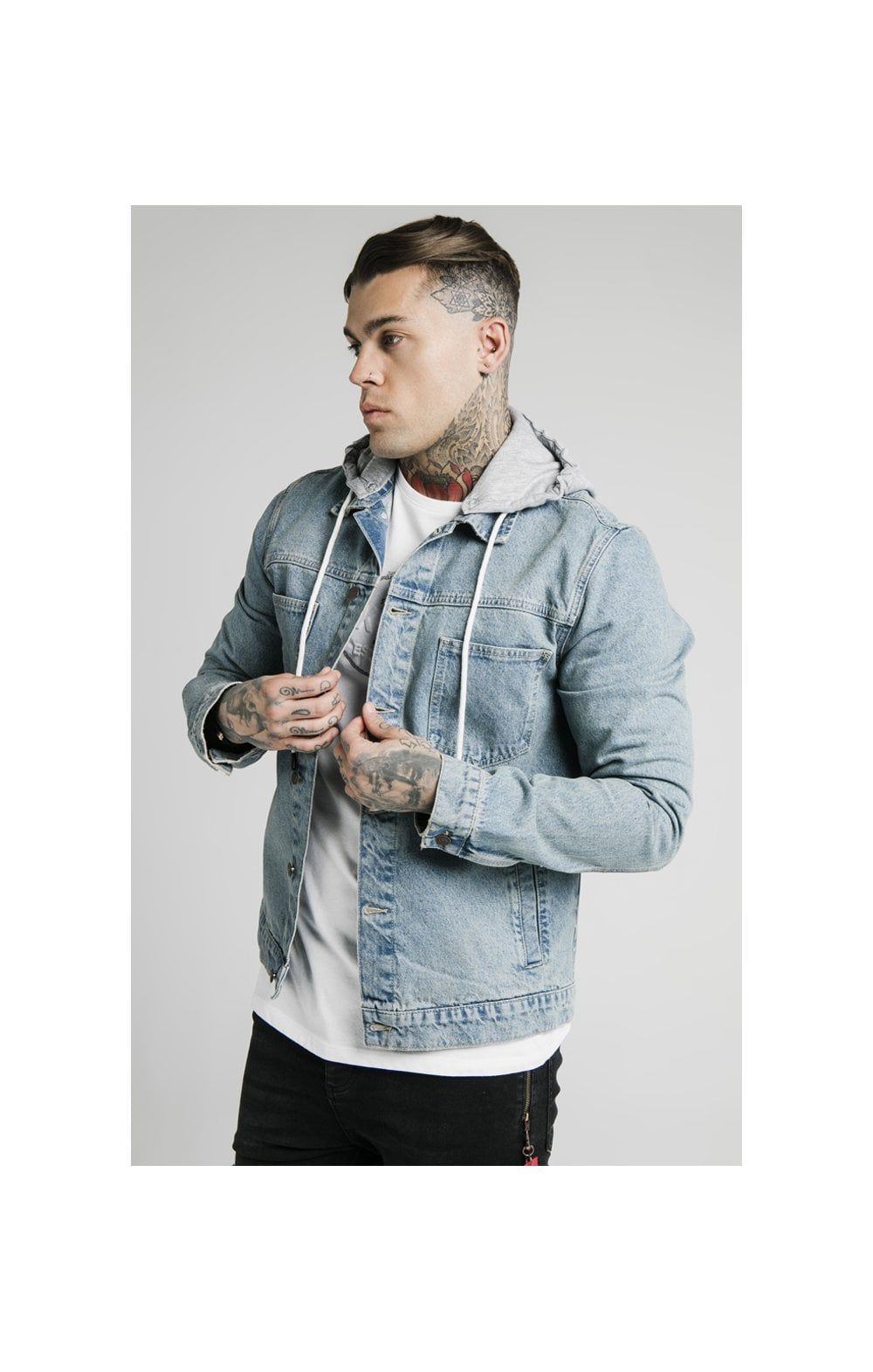 SikSilk Hooded Denim Jacket - Light Blue Wash sold by Siksilk