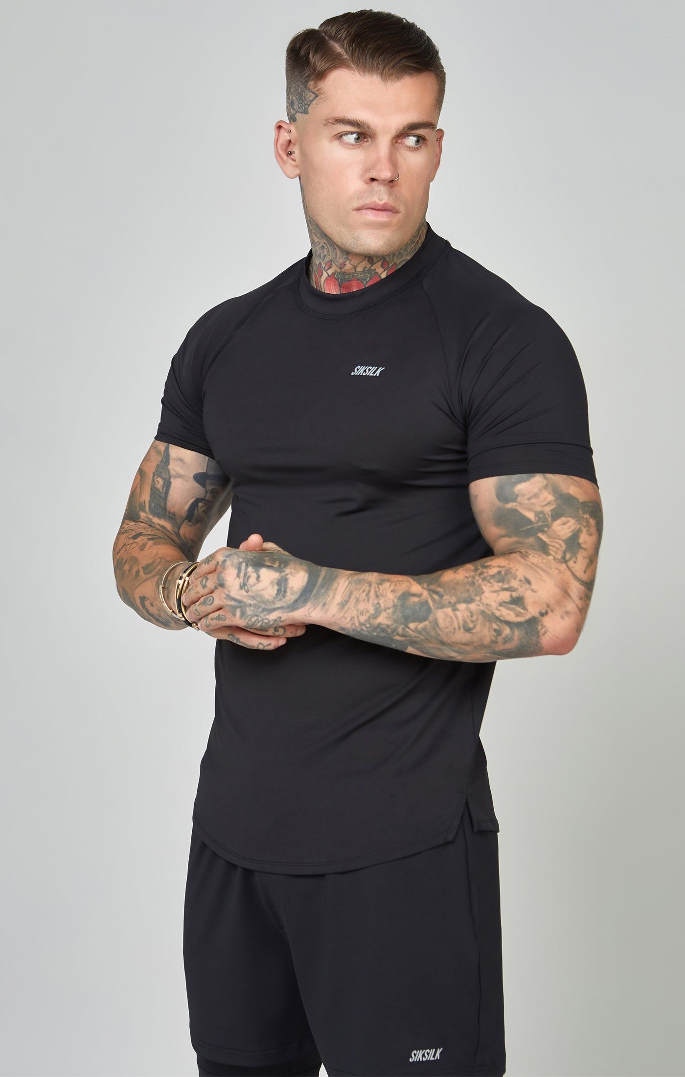 Black Sports Curved Hem Muscle Fit T-Shirt sold by Siksilk product image thumbnail 4
