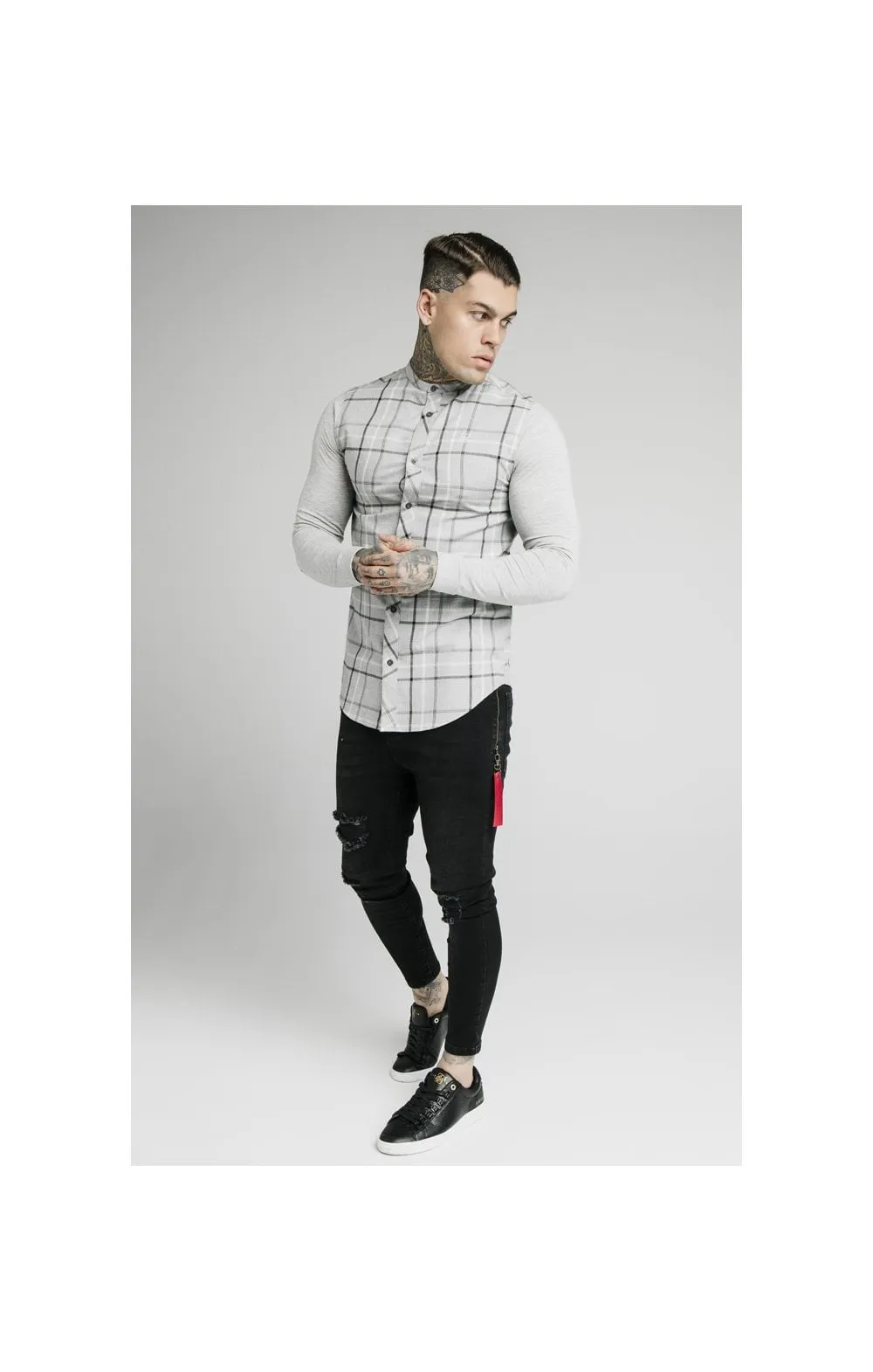 SikSilk L/S Flannel Check Grandad Shirt - Grey Marl sold by Siksilk product image thumbnail 4