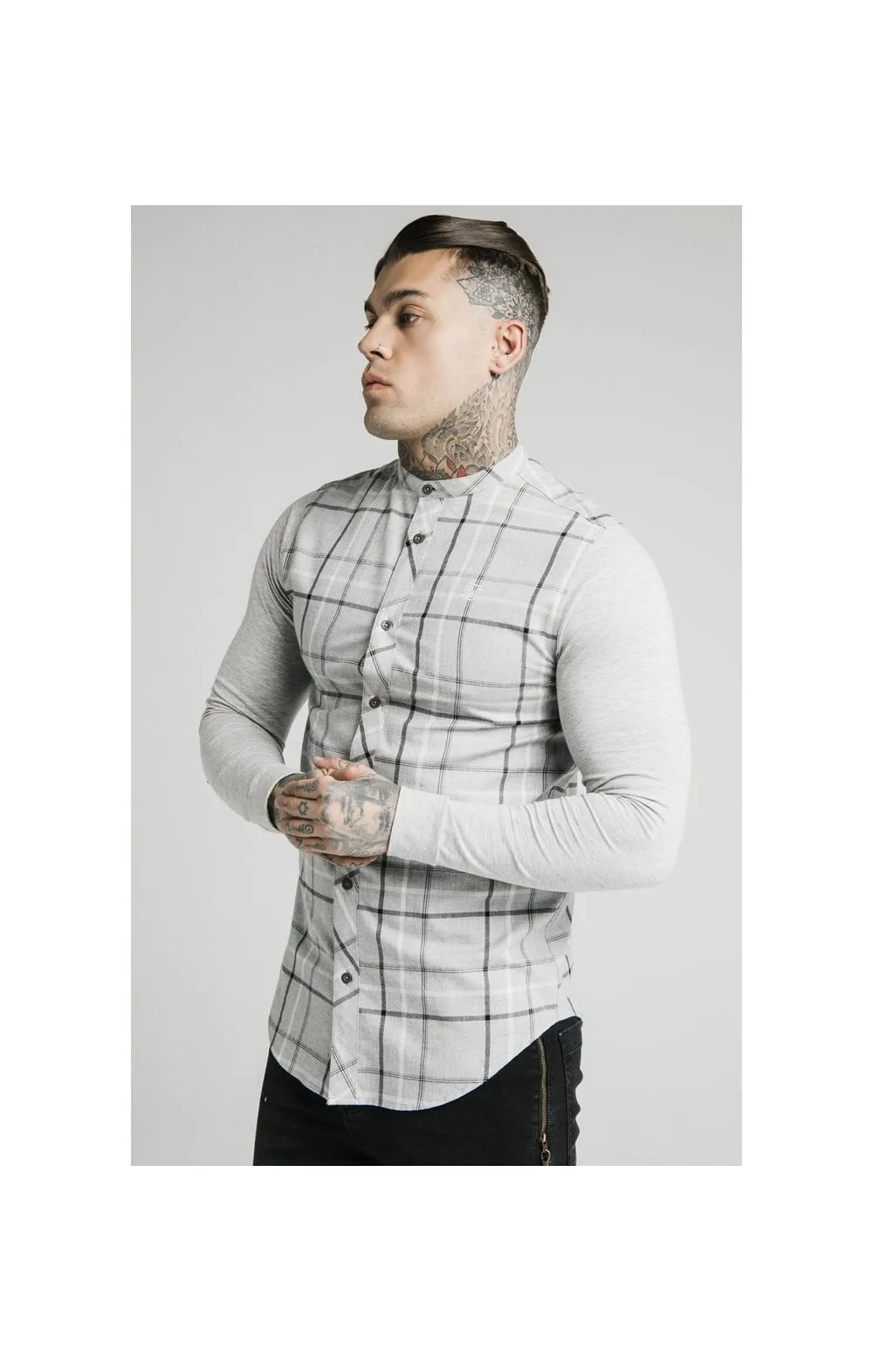 SikSilk L/S Flannel Check Grandad Shirt - Grey Marl sold by Siksilk