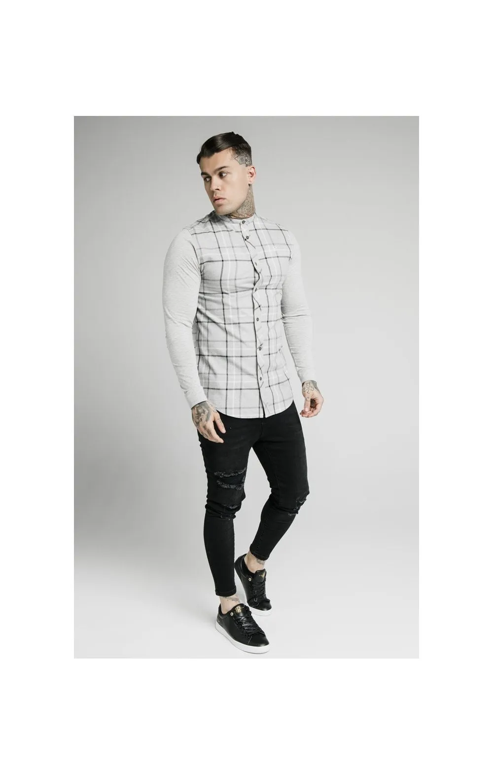 SikSilk L/S Flannel Check Grandad Shirt - Grey Marl sold by Siksilk product image thumbnail 5