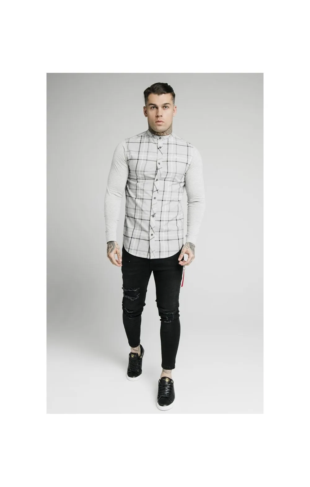 SikSilk L/S Flannel Check Grandad Shirt - Grey Marl sold by Siksilk product image thumbnail 3