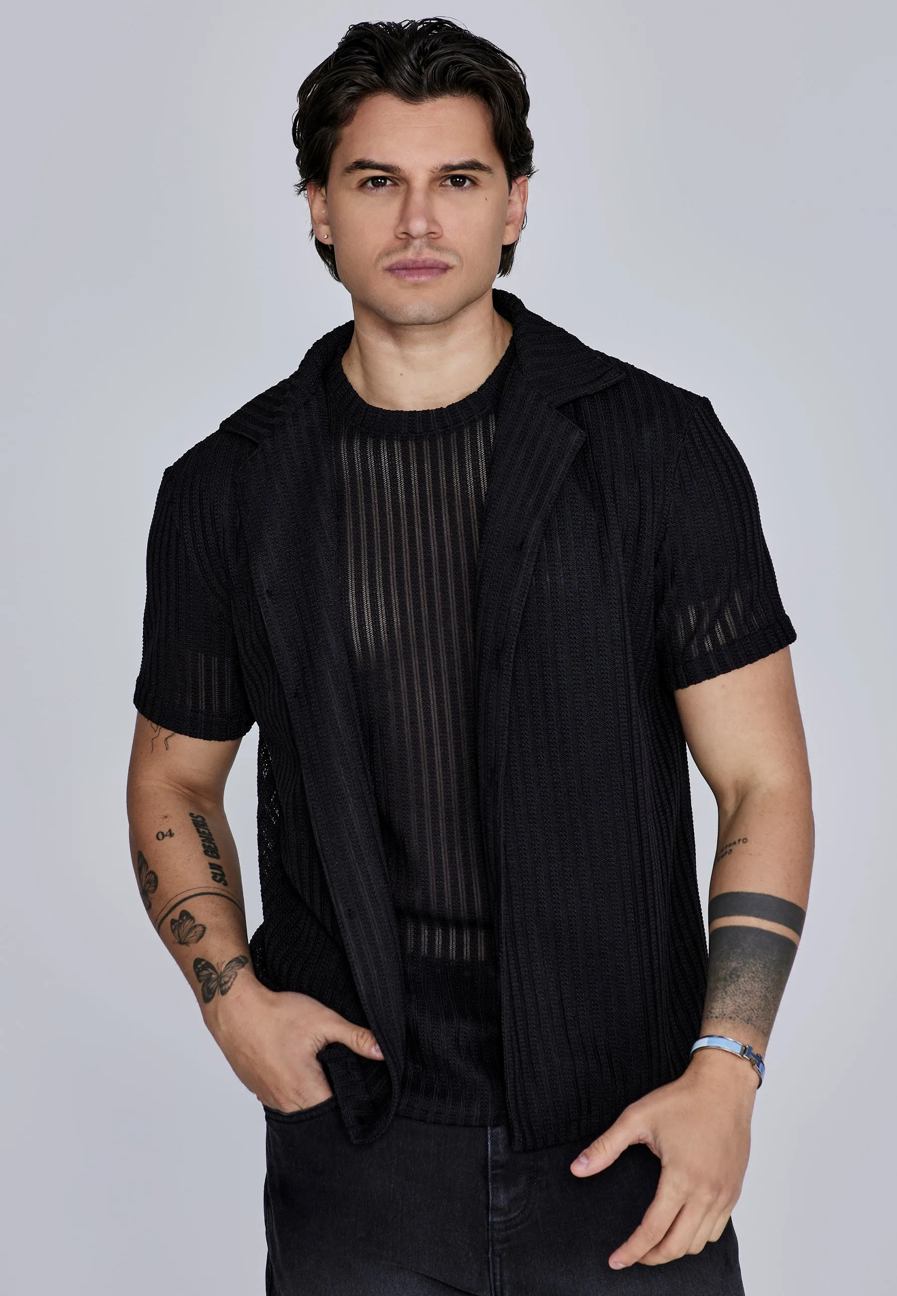 Black Textured Resort Shirt sold by Siksilk