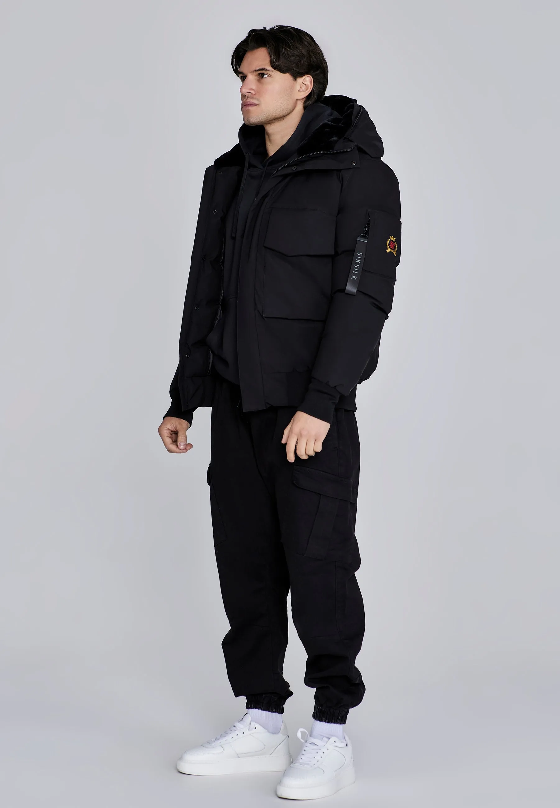 Black Hooded Bomber Jacket sold by Siksilk product image thumbnail 4