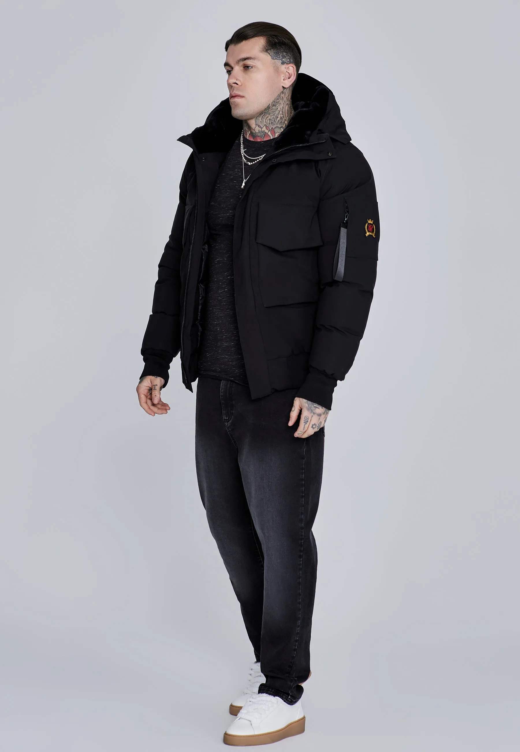 Black Hooded Bomber Jacket sold by Siksilk product image thumbnail 4
