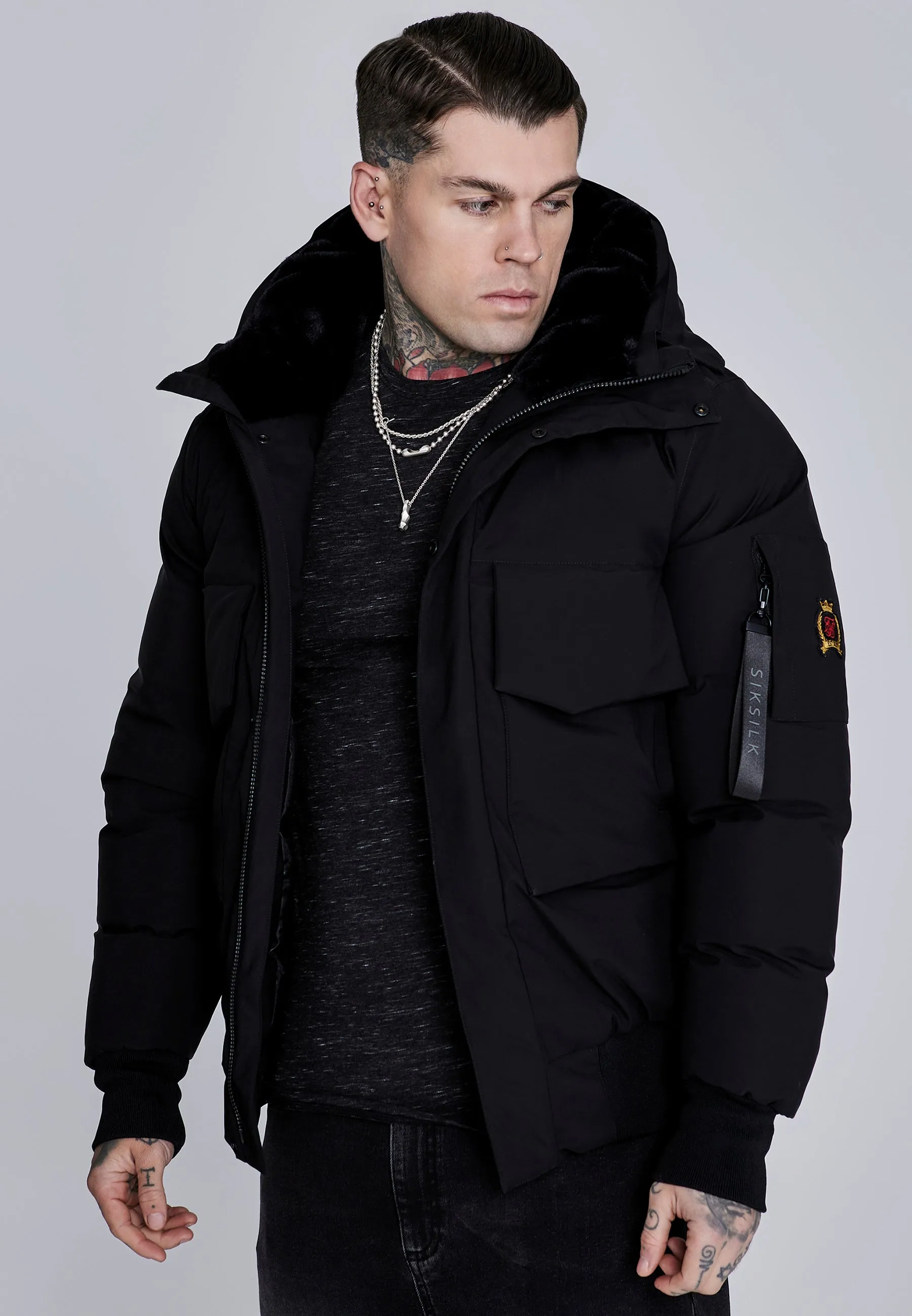 Black Hooded Bomber Jacket sold by Siksilk