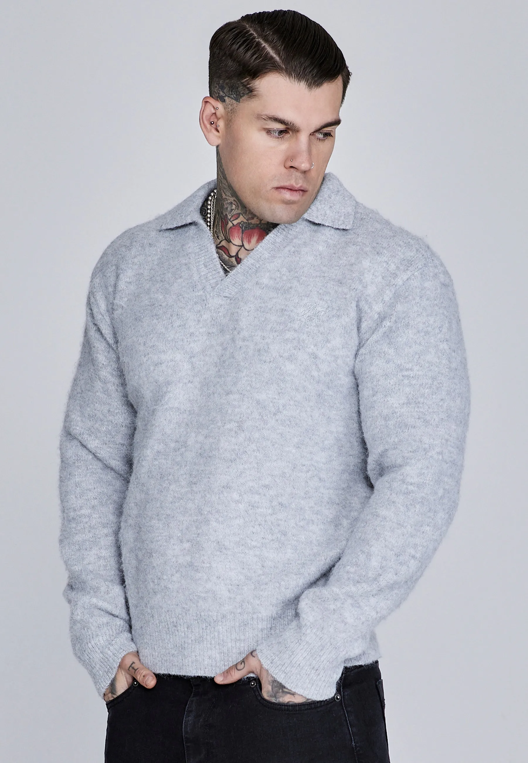 Grey Marl Knitted Polo Sweater sold by Siksilk