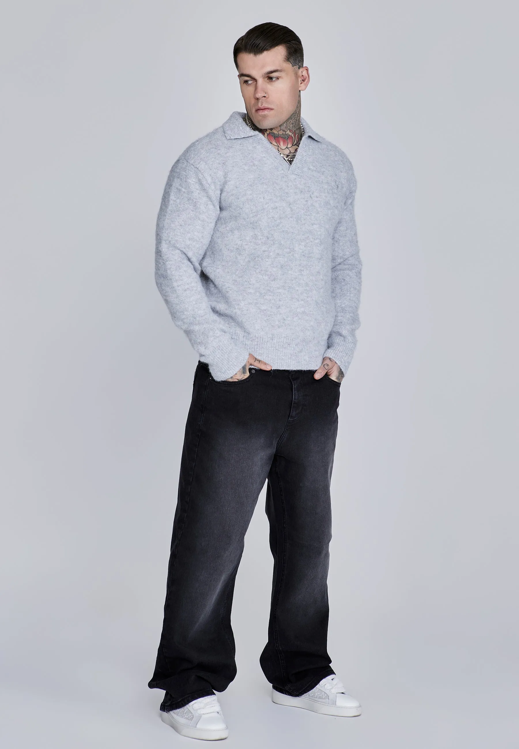 Grey Marl Knitted Polo Sweater sold by Siksilk product image thumbnail 4