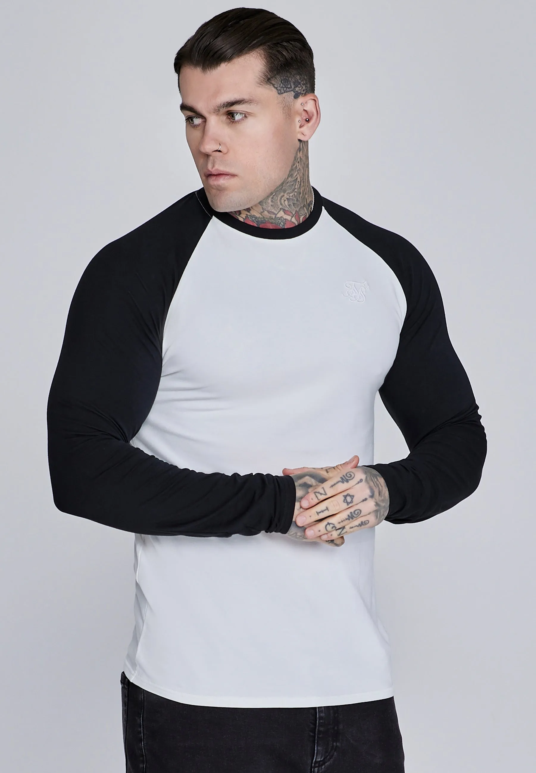 White and Black LS Muscle Fit T-Shirt sold by Siksilk