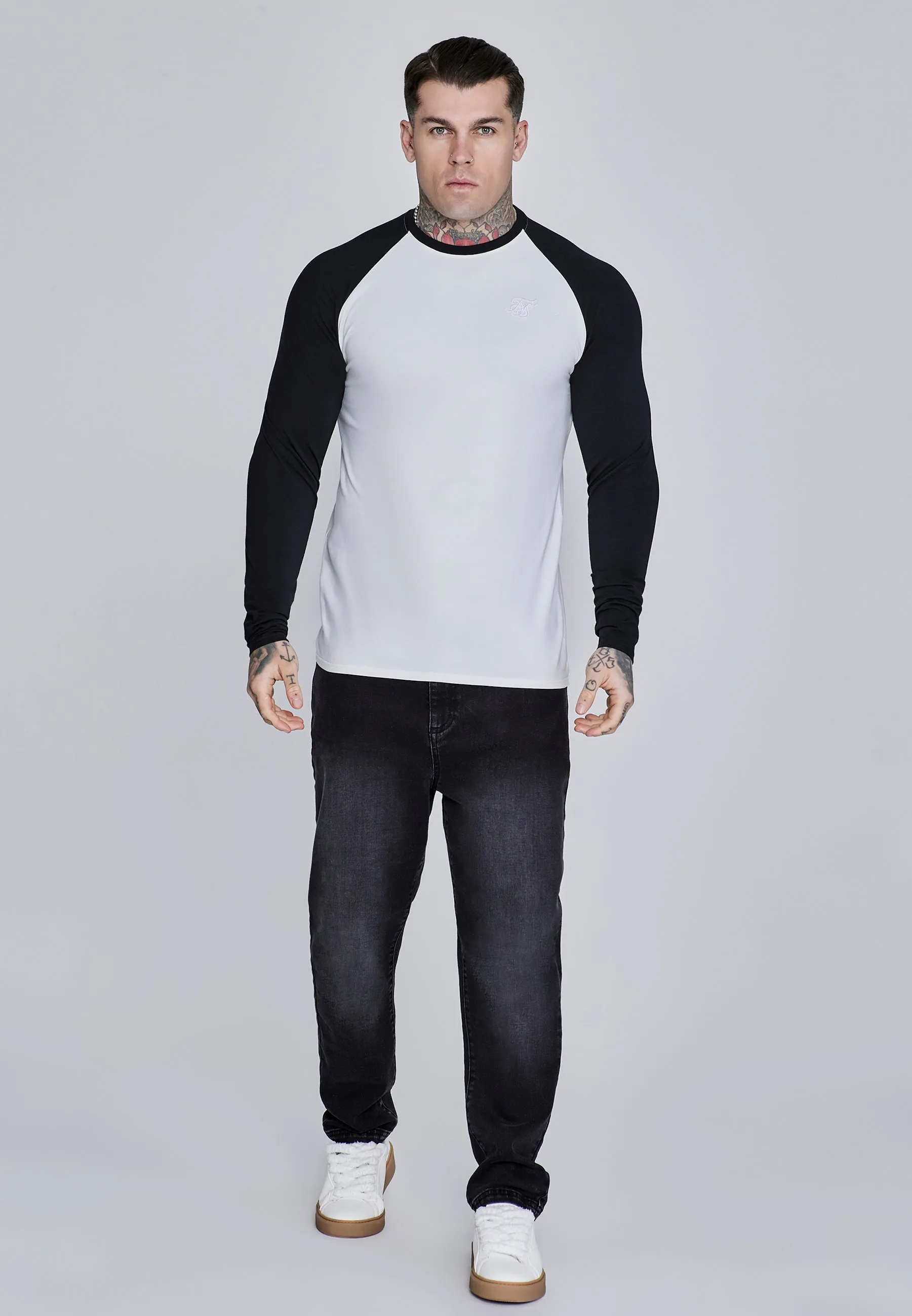 White and Black LS Muscle Fit T-Shirt sold by Siksilk product image thumbnail 3