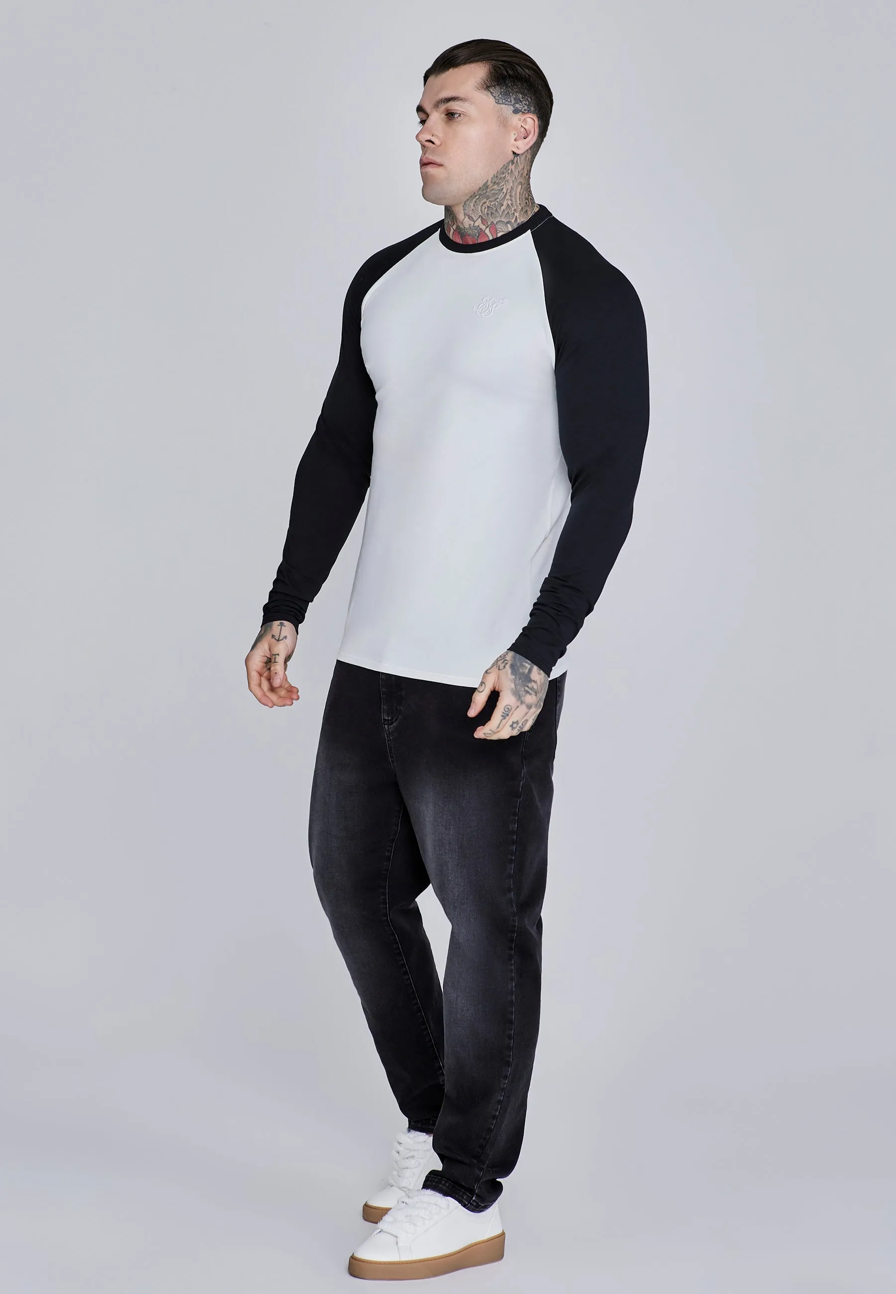 White and Black LS Muscle Fit T-Shirt sold by Siksilk product image thumbnail 4