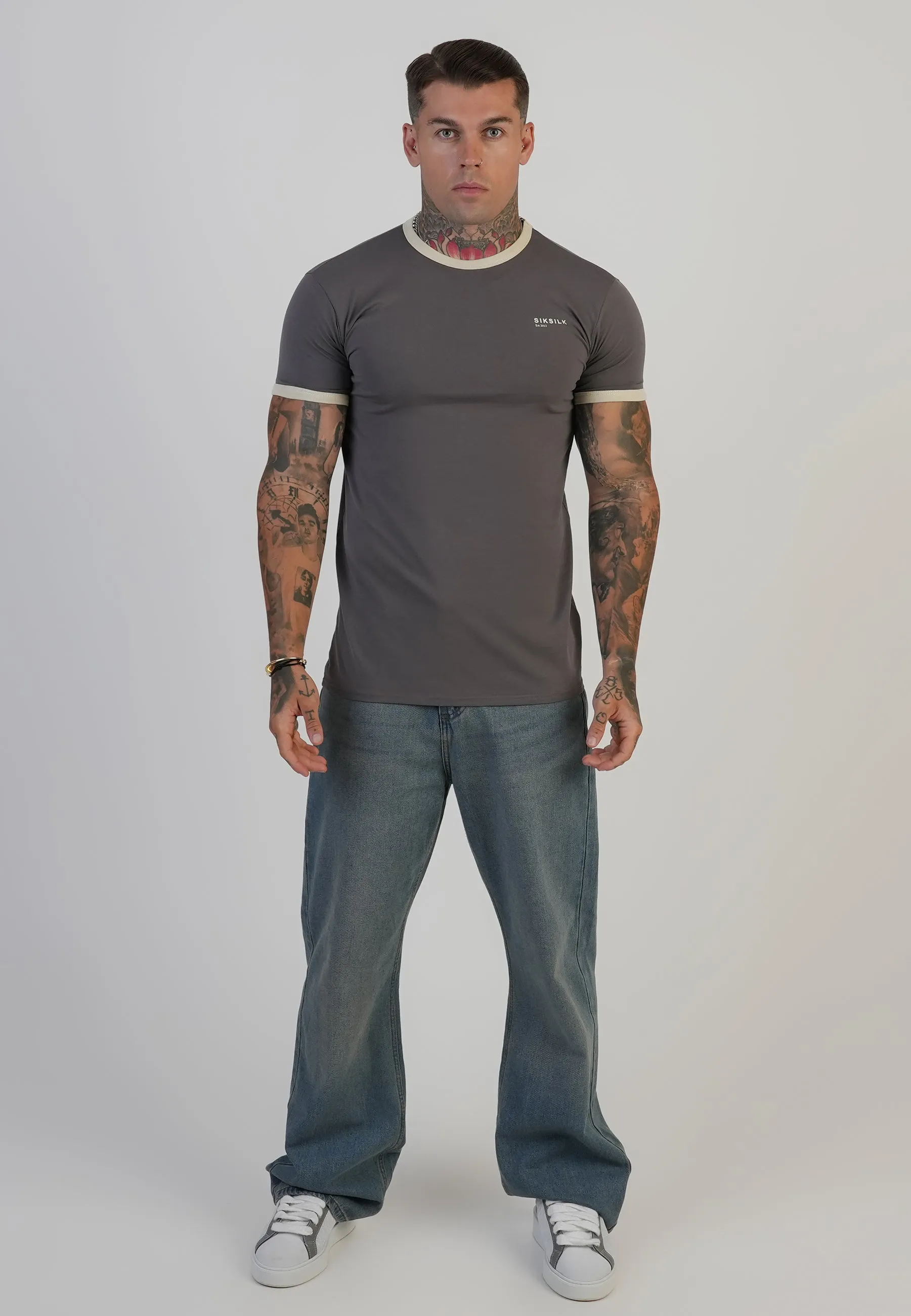 Grey and Ecru Ringer T-Shirt sold by Siksilk product image thumbnail 3