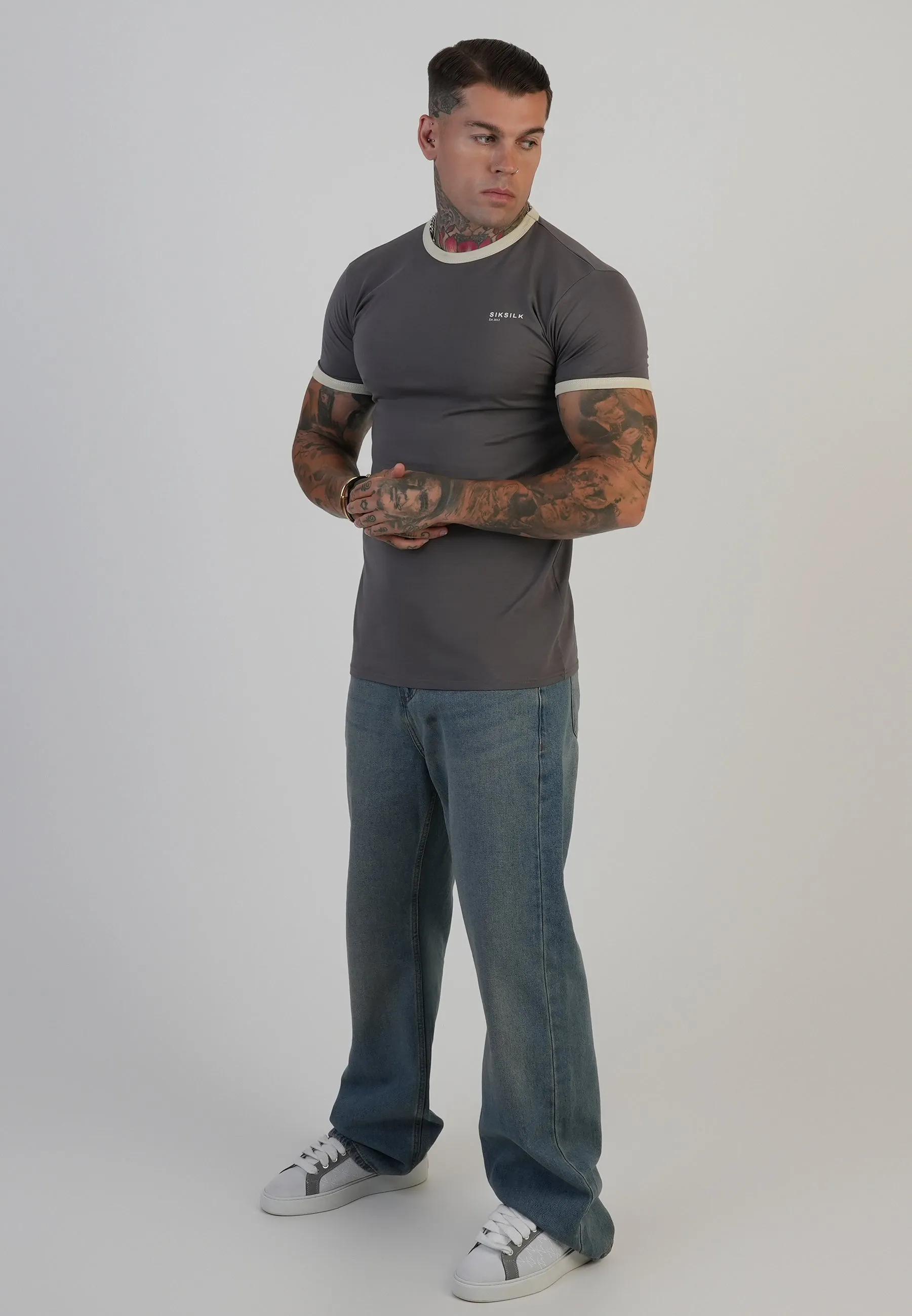 Grey and Ecru Ringer T-Shirt sold by Siksilk product image thumbnail 4