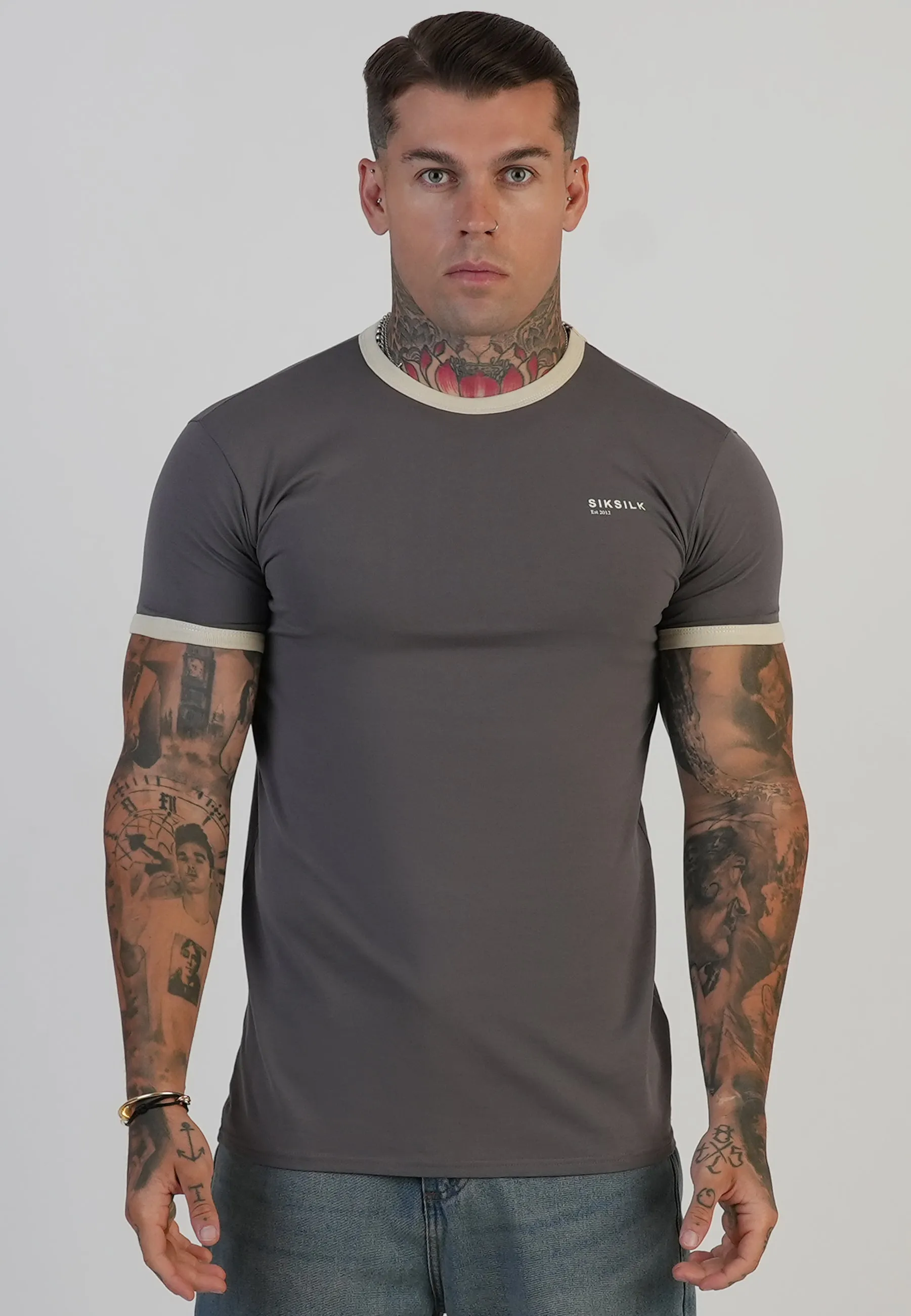 Grey and Ecru Ringer T-Shirt sold by Siksilk