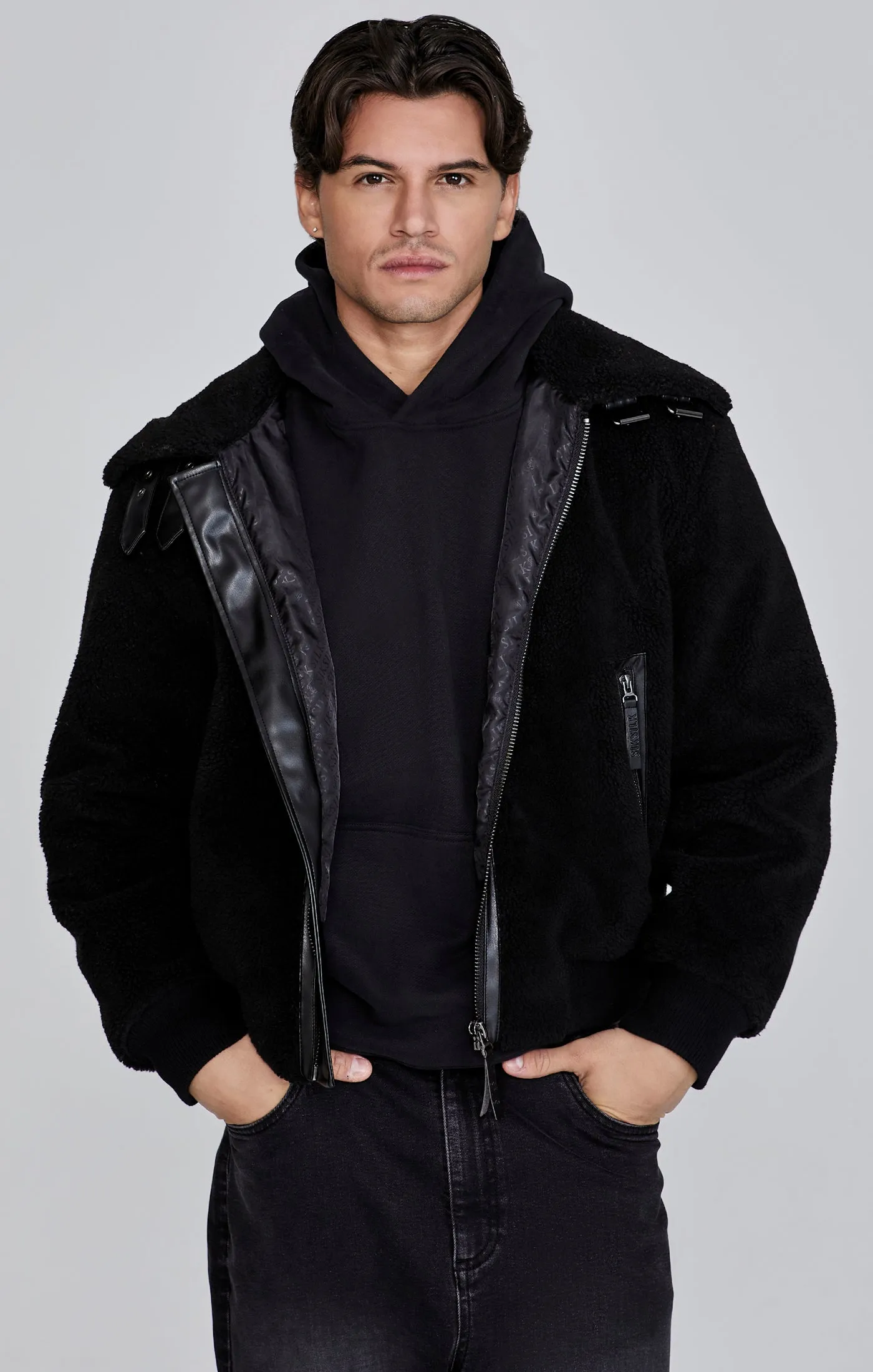 Black Sherpa Bomber Jacket sold by Siksilk