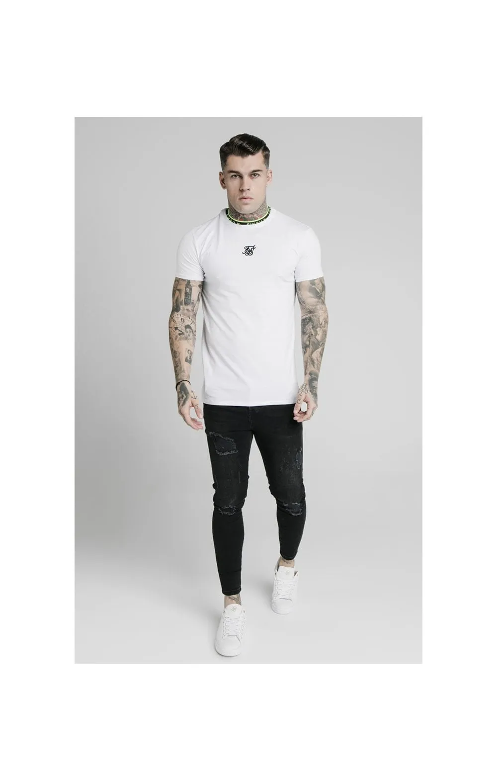 SikSilk Straight Hem Tape Collar Gym Tee - White sold by Siksilk