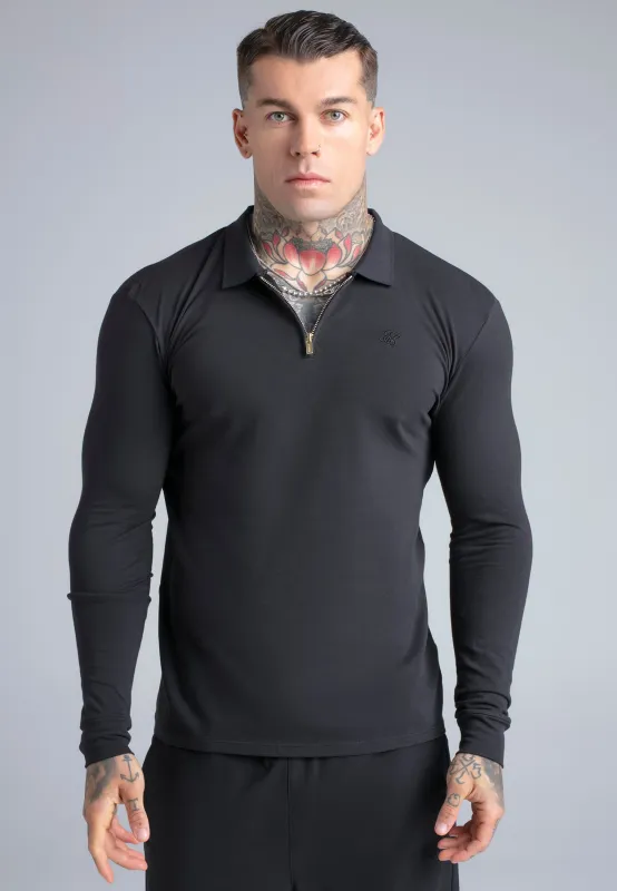 Black LS Zip Polo T-Shirt sold by Siksilk