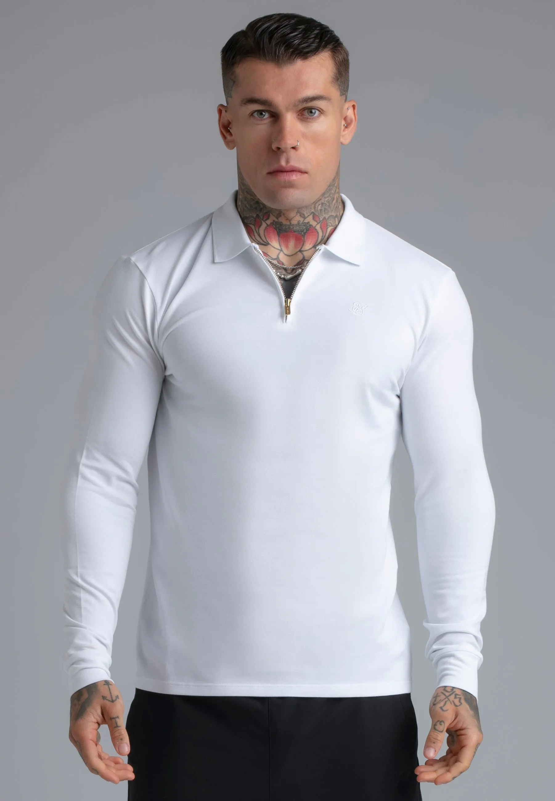 White LS Zip Polo T-Shirt sold by Siksilk