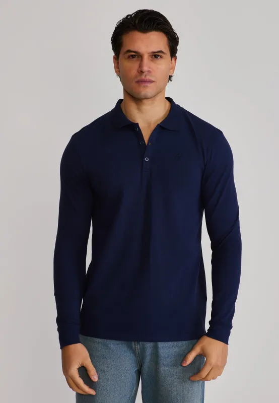 Navy LS Button Polo sold by Siksilk