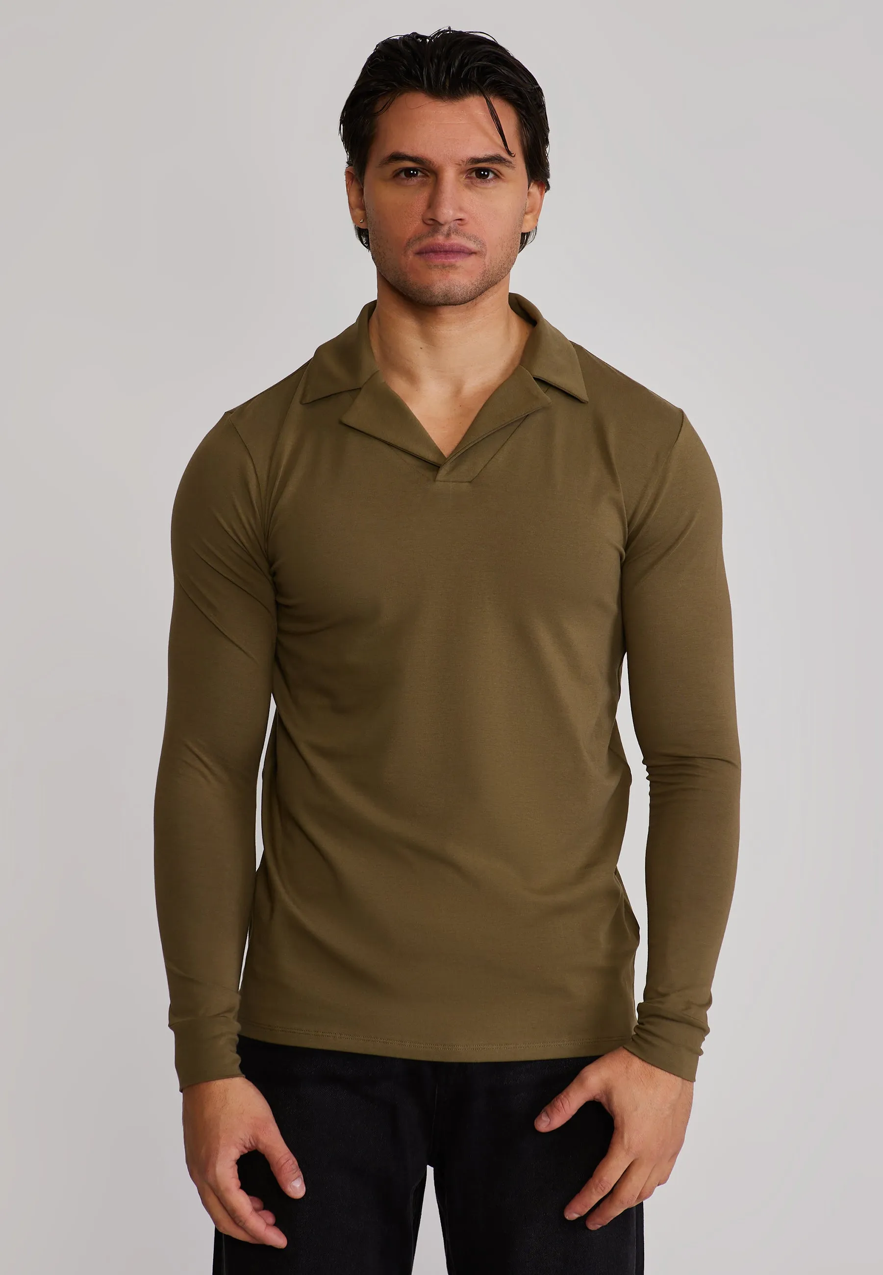 Khaki Green LS Revere Polo sold by Siksilk