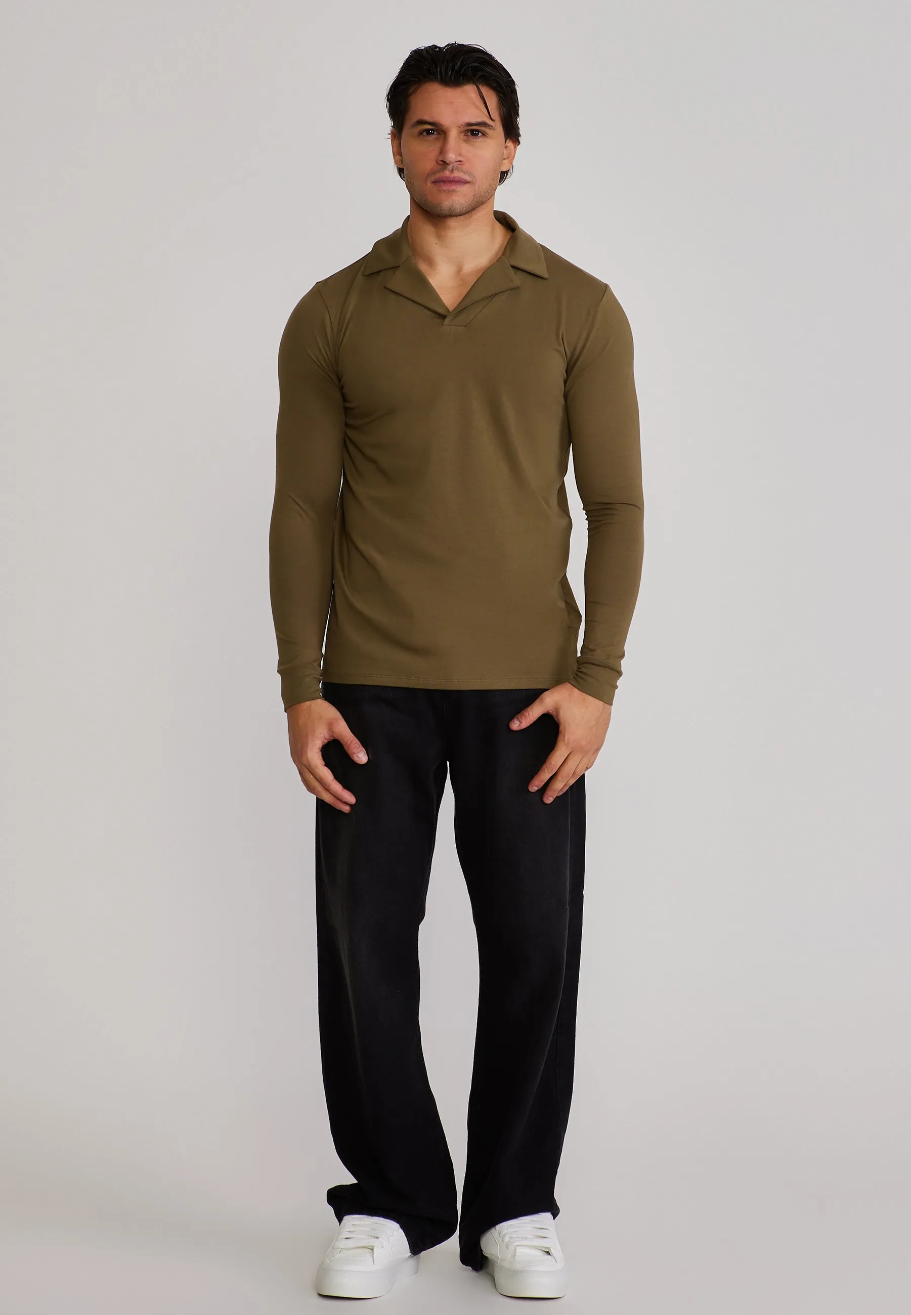 Khaki Green LS Revere Polo sold by Siksilk product image thumbnail 3