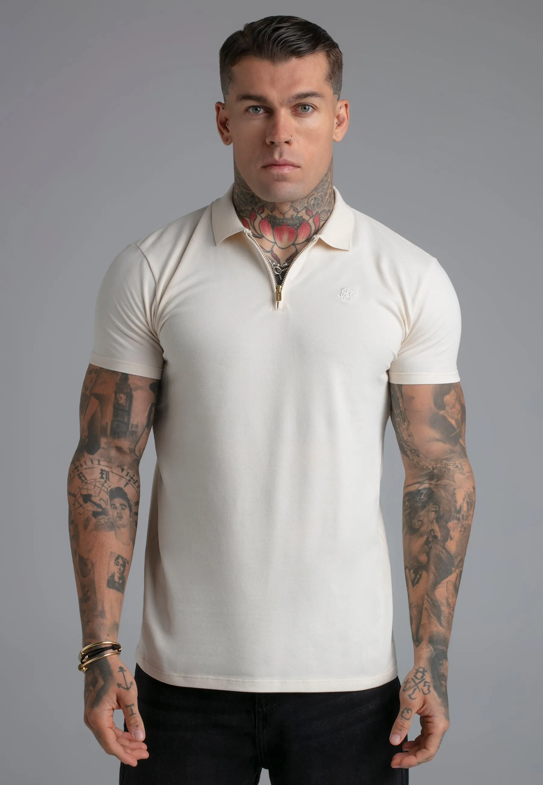 Ecru Zip Polo T-Shirt sold by Siksilk