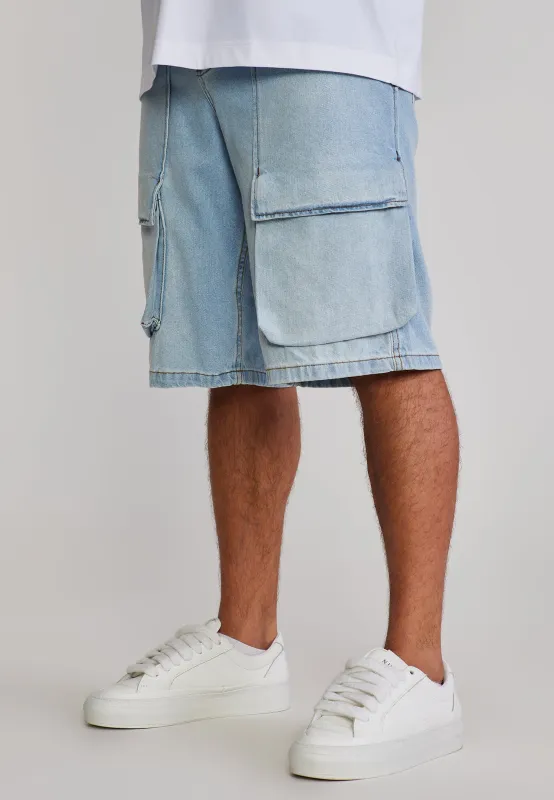 Washed Light Blue Denim Cargo Shorts sold by Siksilk